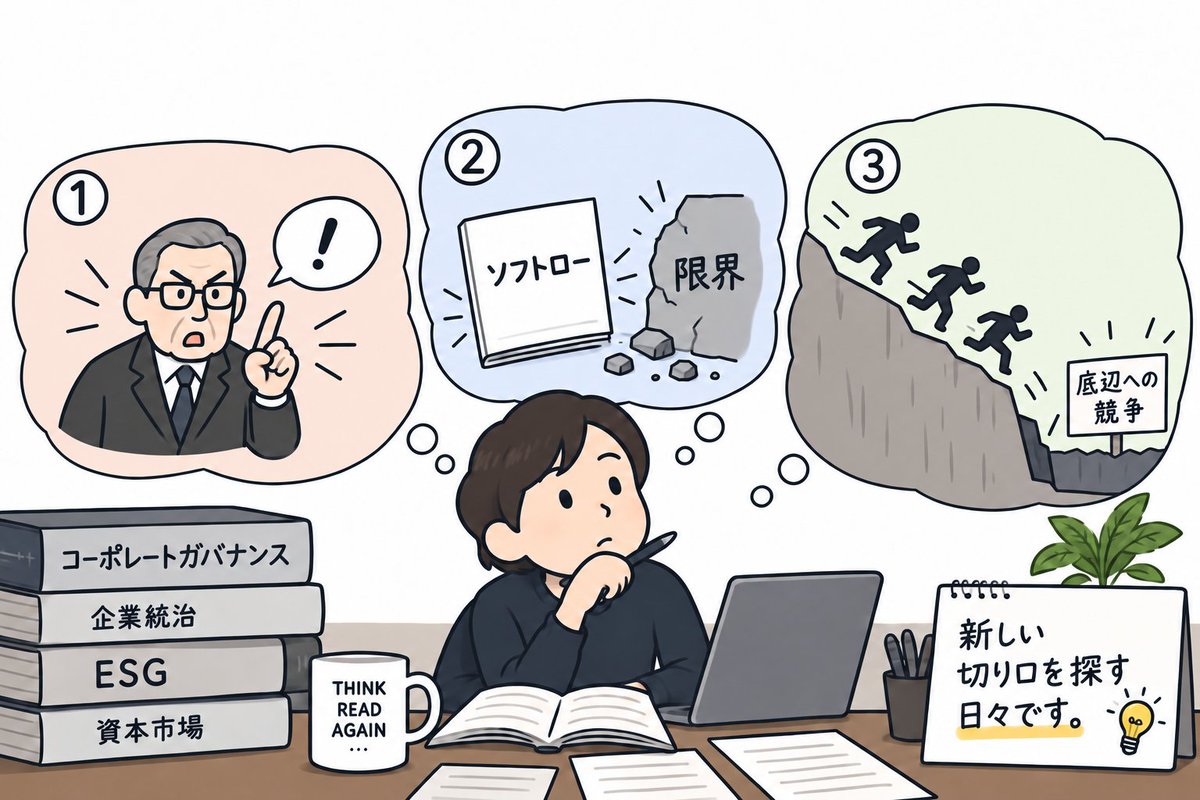 Kodaira_Ryu's tweet photo. 連休中にコーポレートガバナンスに関する記事を読み返しています。思ったことは３つ。①風紀委員が校則を抑揚なく読み上げているような記事が増えた②ソフトローをいじりまわすのは限界③米国では「底辺への競争」が始まった――。新しい切り口を探す日々です。 https://t.co/2iV7q8E3MS