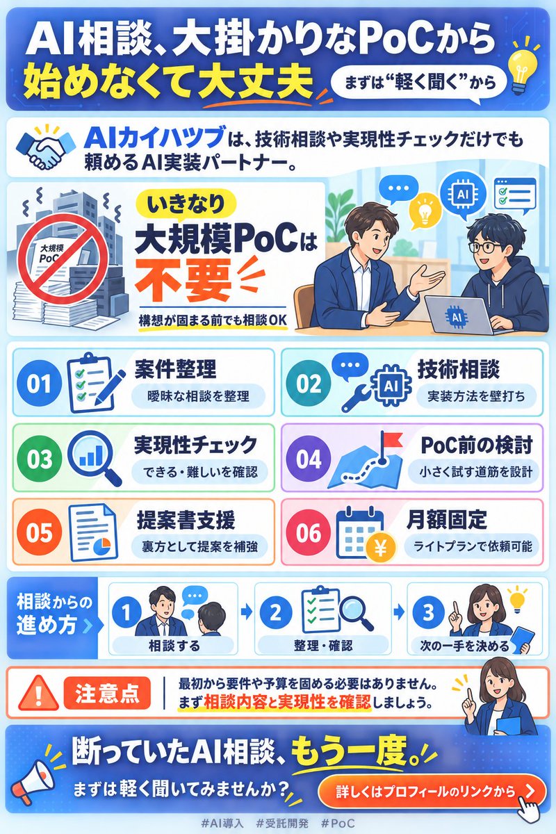 genaibeans's tweet photo. AI案件の相談、大掛かりなPoCからでなくて構いません。AIカイハツブは技術相談や実現性チェックだけでも依頼できるAI実装パ��トナー。月額固定のライトプランで提案書の裏方支援まで対応します。
詳しくはプロフィールのリンクへ #AI導入 #受託開発 https://t.co/SzbE5RWd4t