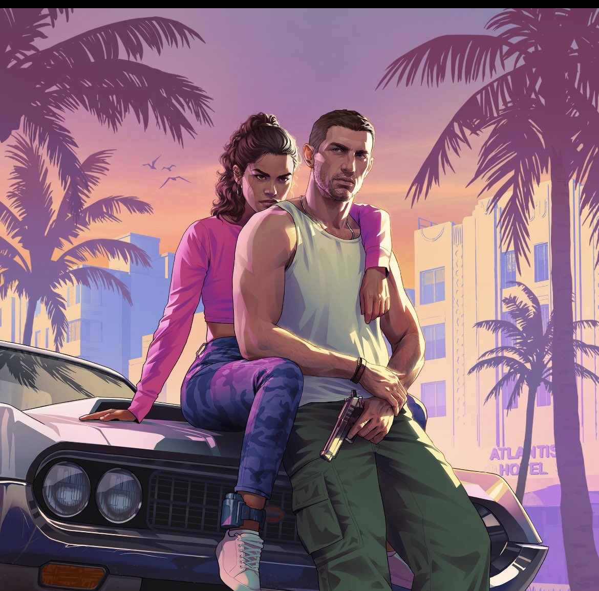 Grand Theft Auto artwork showing two characters leaning against a car beneath palm trees.