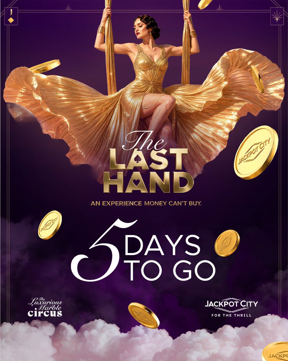 JackPotCitySA's tweet photo. 5 DAYS TO GO until the magic begins @LuxuriousMarbleCircus! 🎪
The excitement is building, and we can’t wait to unveil the thrills we have in store for you!
Are you ready to join the fun? 🎰💫
#TheLastHand #LuxuriousMarbleCircus #ForTheThrill https://t.co/9ykC8t7qNJ