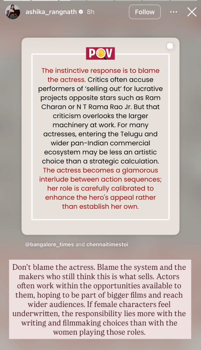 GowthamCinemas's tweet photo. The double standard of #AshikaRanganath:

During #PEDDI release: “Blame the system and the makers who still think this is what sells…”

Now, Which system forced her to post a face-cropped picture like that on her own Instagram? When it’s your personal handle, you are the system. 🤷‍♂️

#Tollywood #AshikaRanganath