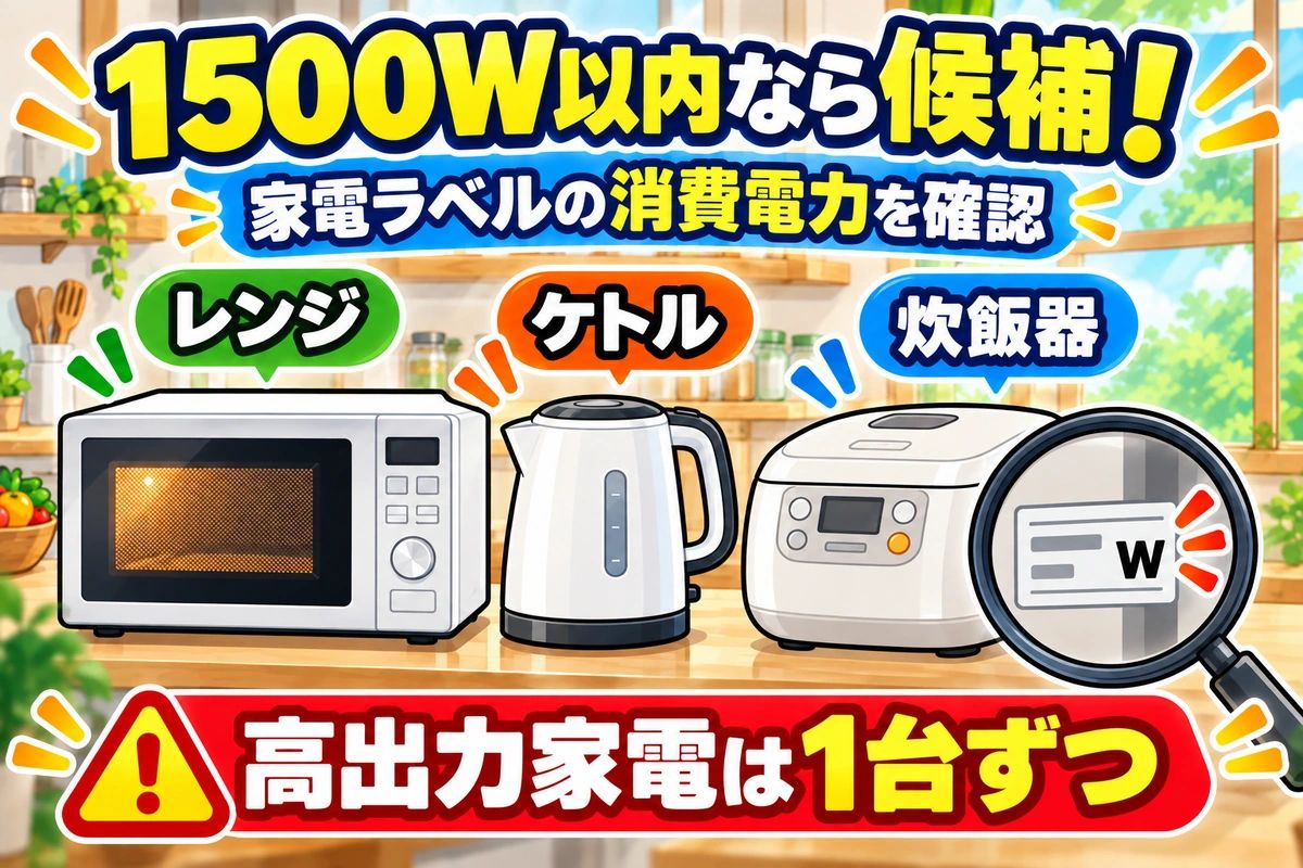 watt_hakase's tweet photo. 1500Wなら、レンジもケトルも同時に使える？⚡️

見るのは、家電1台ではなく同時に使う合計Wです。
高出力家電は、1台ずつが基本。

1000Wで足りる人と、1500Wが候補になる人も分けました。 https://t.co/YkThCPWeKq