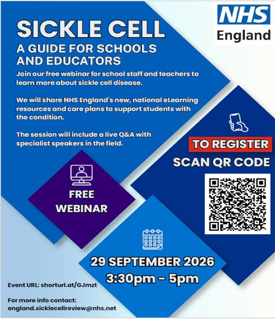 SickleCellUK's tweet photo. Teachers, support staff and educators are invited to an NHS England webinar on 29 September on new school resources for sickle cell. Join to find out more, explore the resources and ask questions. Register for the webinar here: https://t.co/W3lEZoSE8y. #SickleCellAwarenessMonth https://t.co/fXZ8ybWMny