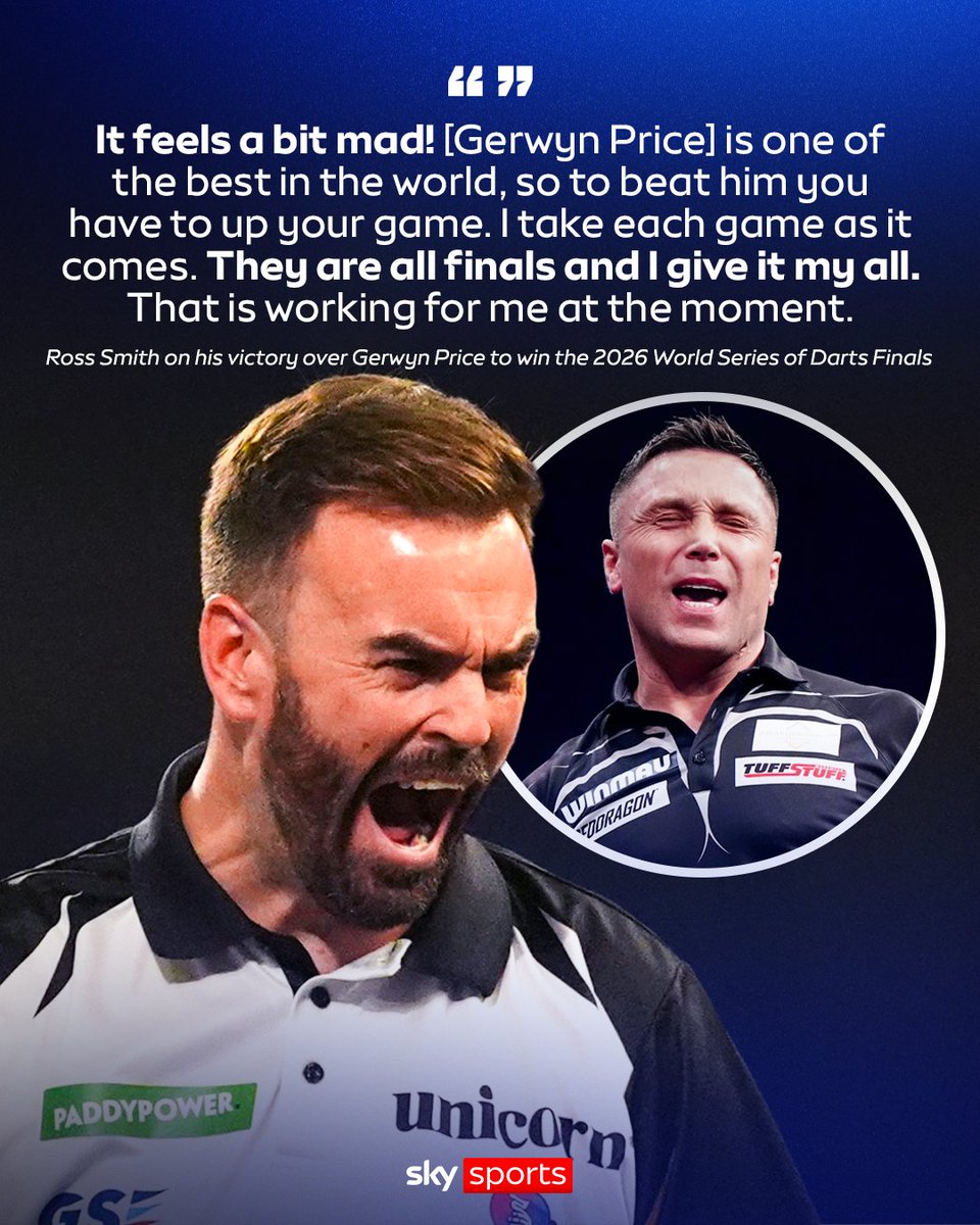 SkySportsDarts's tweet photo. Ross Smith's reaction to beating Gerwyn Price 11-5 to become World Series of Darts Finals champion 🔥 https://t.co/YtpwKin32T