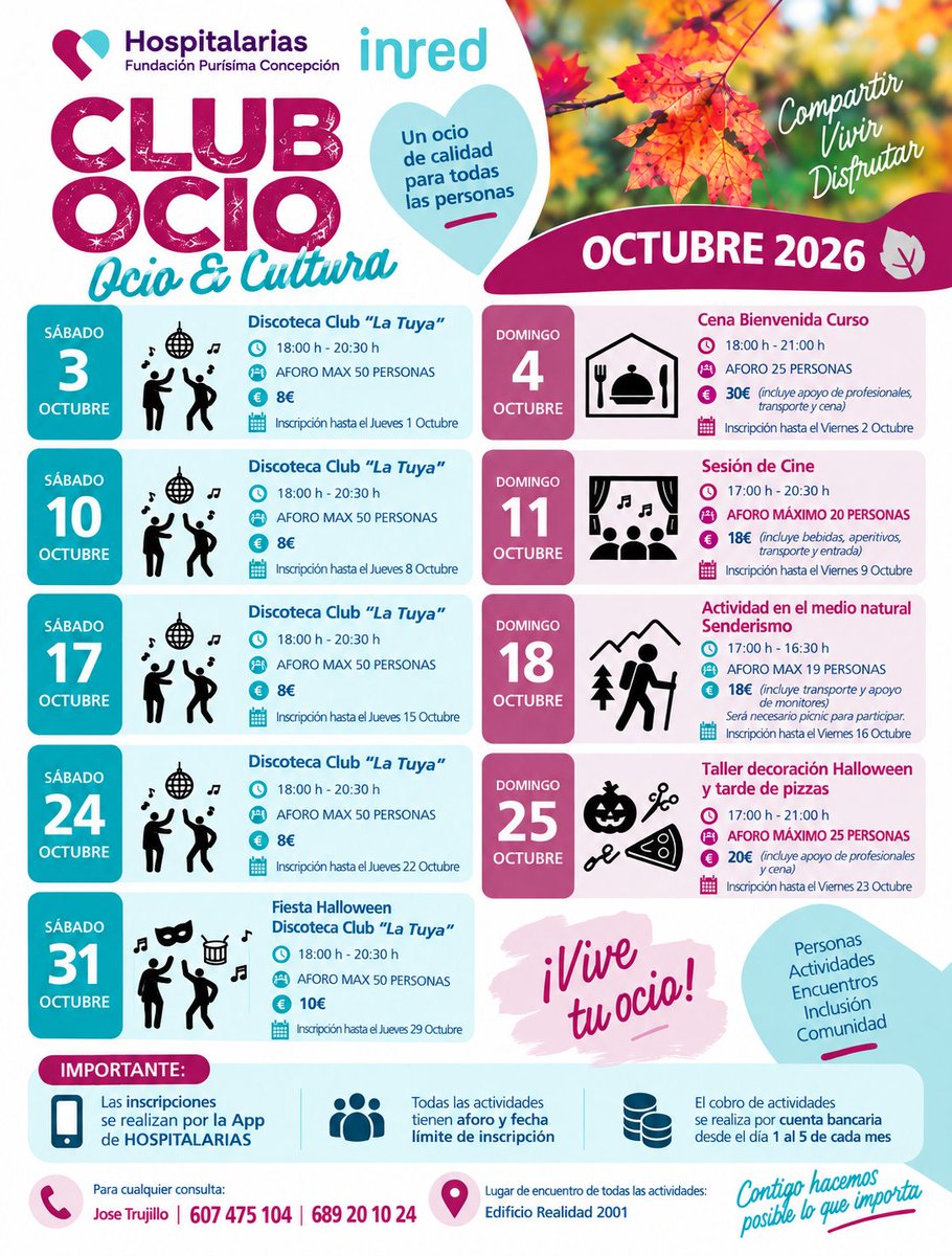 HospitalariasGr's tweet photo. 🎉 ¡Ya está aquí la programación de ocio de octubre! Discoteca, cine, senderismo, talleres… y mucho más!📲 Inscripciones App de Familias de HOSPITALARIAS:
https://t.co/wZovRkjzwk⚠️ Aforo y fecha límite en cada actividad.
📍 Punto de encuentro: Edificio Realidad 2001. #InRed https://t.co/i3G9eVOJtE