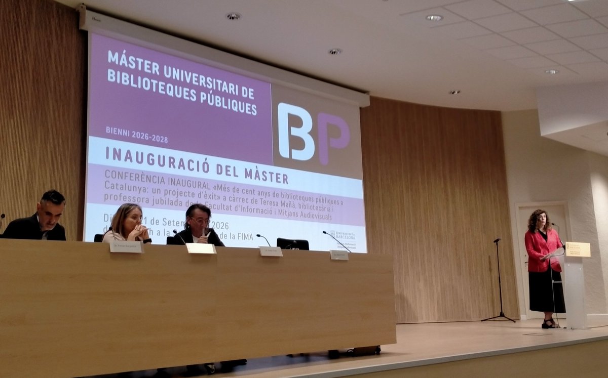 LluisAgusti's tweet photo. Inauguració del Màster universitari de Biblioteques Públiques a la FIMA UB.

Hi participen: Servei de Biblioteques Públiques GC, Gerència Btques. DiBa, Consorci Btques. BCN.

Conferència inaugural: «Més de cent anys de biblioteques públiques a Catalunya», a càrrec de Teresa Mañà. https://t.co/jv2hZ8DNbR