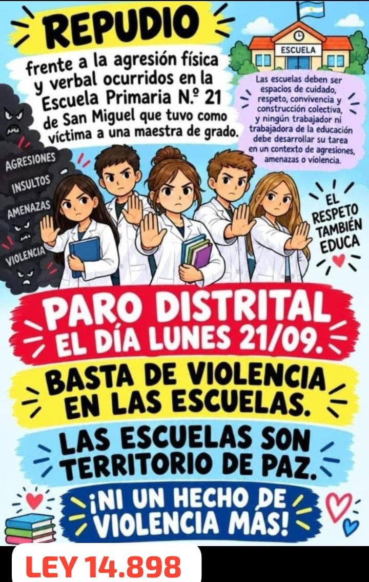 Cecilia46546822's tweet photo. #TTN #tempraneros buen día @mati_bertolotti @JuanButvilofsky hoy a las 10 hs hay una marcha hacia el consejo escolar en San Miguel por la agresión a una maestra de la escuela NRO 21 de santa Brigida san Miguel hoy todos los chicos de san Miguel no tienen clase @todonoticias https://t.co/jvKXdbr1ch