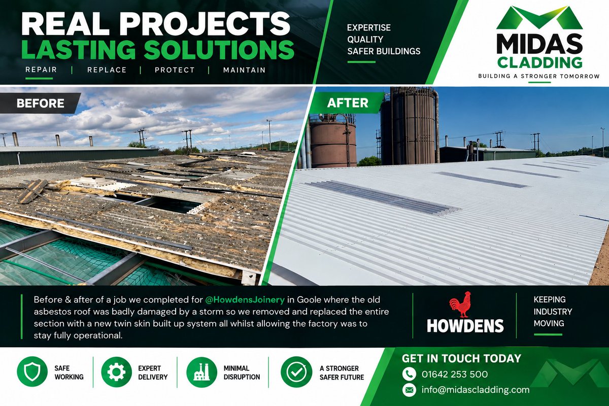 Midas_Cladding's tweet photo. Before & after of a job we completed for @HowdensJoinery in Goole where the old asbestos roof was badly damaged by a storm so we removed and replaced the entire section with a new twin skin built up system all whilst allowing the factory was to stay fully operational.
#TeamMidas https://t.co/uui4ipe9Hi