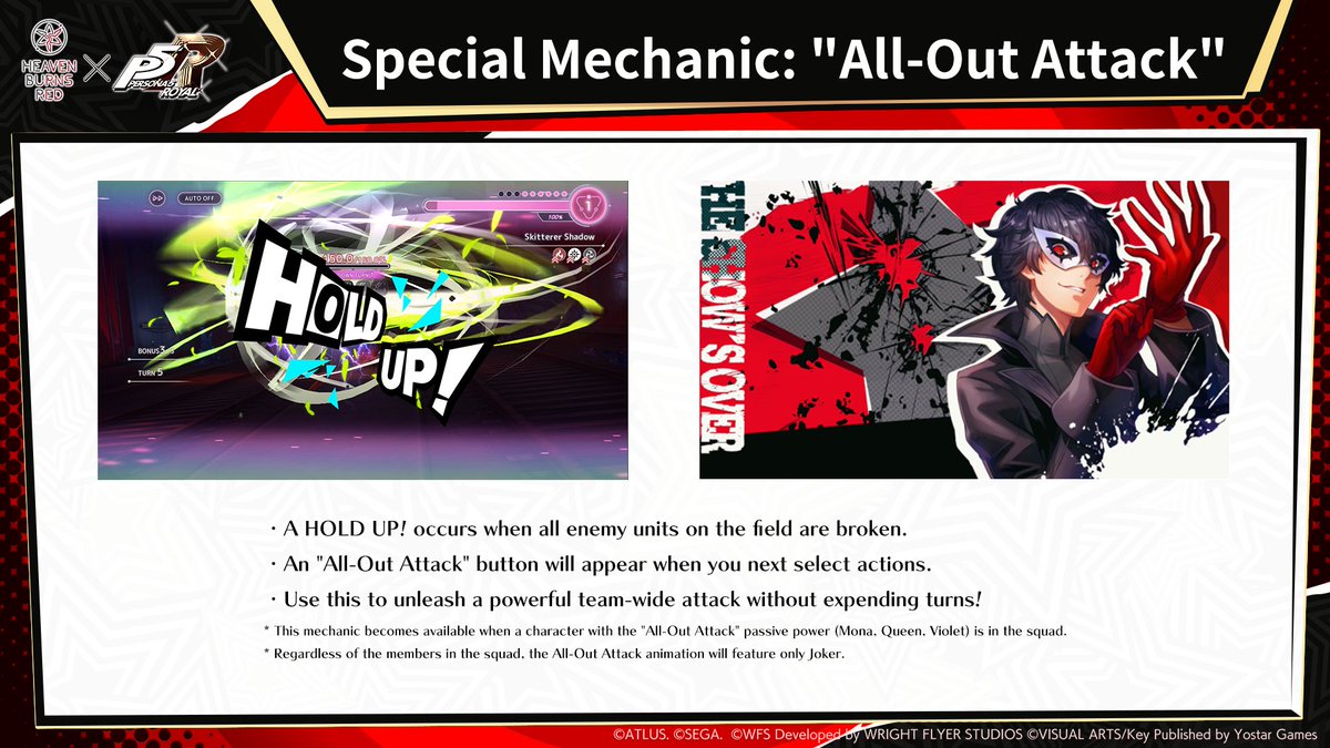 hbr_official_en's tweet photo. Collab Information Reveal - Special Mechanic: "All-Out Attack"

#HeavenBurnsRed #Yostar  #HeavenBurnsRedxPersona5Royal https://t.co/QCr3Vi72Vs