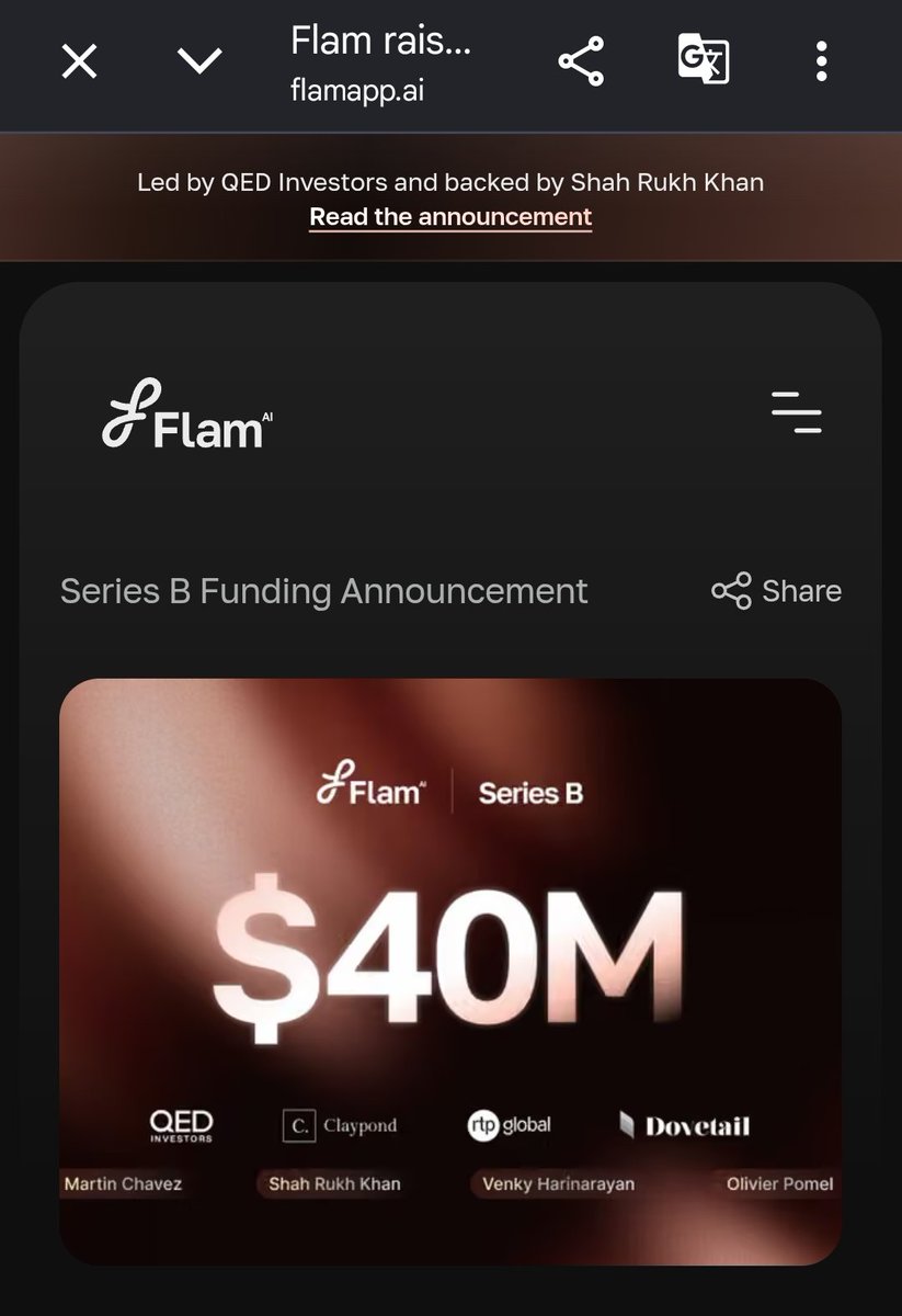 KINGmovieIn2026's tweet photo. SRK has entered the AI market 🔥

He has invested in the AI company named Flam which raised 40 million dollars.

"Backed by Shah Rukh Khan" on the header of their website shows how SRK's name brings trust and helps the company to reach large crowds.
The #King Of All Ages 👑 https://t.co/QoY1uDLygc