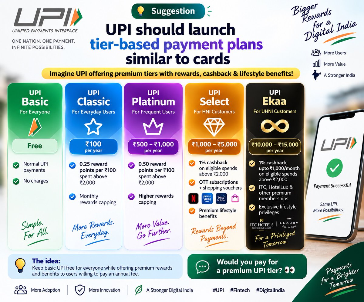 AbhiChtrj's tweet photo. Suggestion | UPI should launch tier-based payment plans similar to cards @UPI_NPCI @NPCI_NPCI @dilipasbe @nalin_bansal #ccgeek #ccgeek #creditcard #RuPay #UPI #dcgeek #debitcard
Imagine UPI offering premium tiers with rewards, cashback & lifestyle benefits! 👇
🟢 UPI Basic – Free UPI payments with no charges.
🔵UPI Classic – ₹100 per year annual fee
• Earn 0.25 reward points per ₹100 spent above ₹2,000 per transaction.
• Monthly rewards capping.
🟣 UPI Platinum – ₹500–₹1,000 per year annual fee
• Earn 0.50 reward points per ₹100 spent above ₹2,000.
• Higher rewards capping.
🟠 UPI Select – ₹1,000–₹5,000 per year annual fee for HNI accounts
• 1% cashback upto ₹500/month on eligible spends above ₹2,000.
• FREE Annual OTT subscriptions + shopping vouchers.
• Premium lifestyle benefits.
🔴UPI Ekaa – ₹10,000–₹15,000 per year annual fee for UHNI accounts
• 1% cashback upto ₹1,000/month on eligible spends above ₹2,000.
• ITC, HotelLux & other premium Hotel memberships.
• Exclusive lifestyle privileges etc.
💡 The idea: Keep basic UPI free for everyone while offering premium rewards and benefits to users willing to pay an annual fee.
Would you pay for a premium UPI tier? 👀