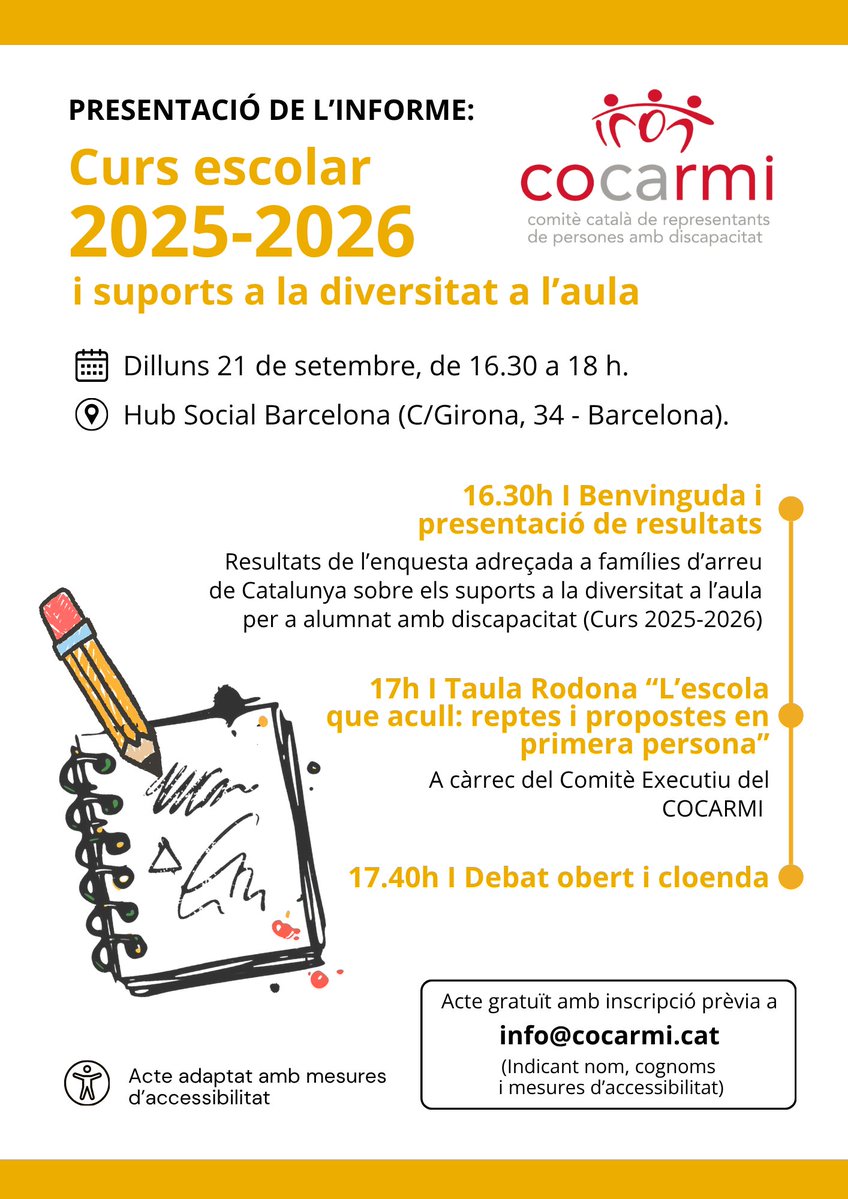 pincatinfancia's tweet photo. Avui!🗓📌 @cocarmi presenta l'informe 'Curs Escolar 2025-2026 i Suports a la Diversitat a l'Aula' ➡ a partir d'una enquesta a famílies d'arreu de Catalunya sobre els suports a la diversitat a l'aula per a alumnat amb discapacitat durant el darrer curs.

➕https://t.co/mQwbtkfe8S https://t.co/M0C20maqH6