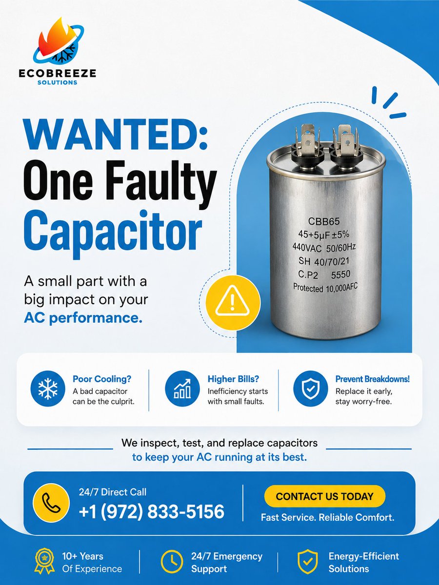 ecobreeze0's tweet photo. WANTED: One Faulty Capacitor

#EcoBreeze #DallasHVAC #DFWHVAC #ACRepair #HVACTips #TexasHeat #AirConditioning #HVACService 

https://t.co/GYlpOS0tR7 https://t.co/51VlR2Bw0K