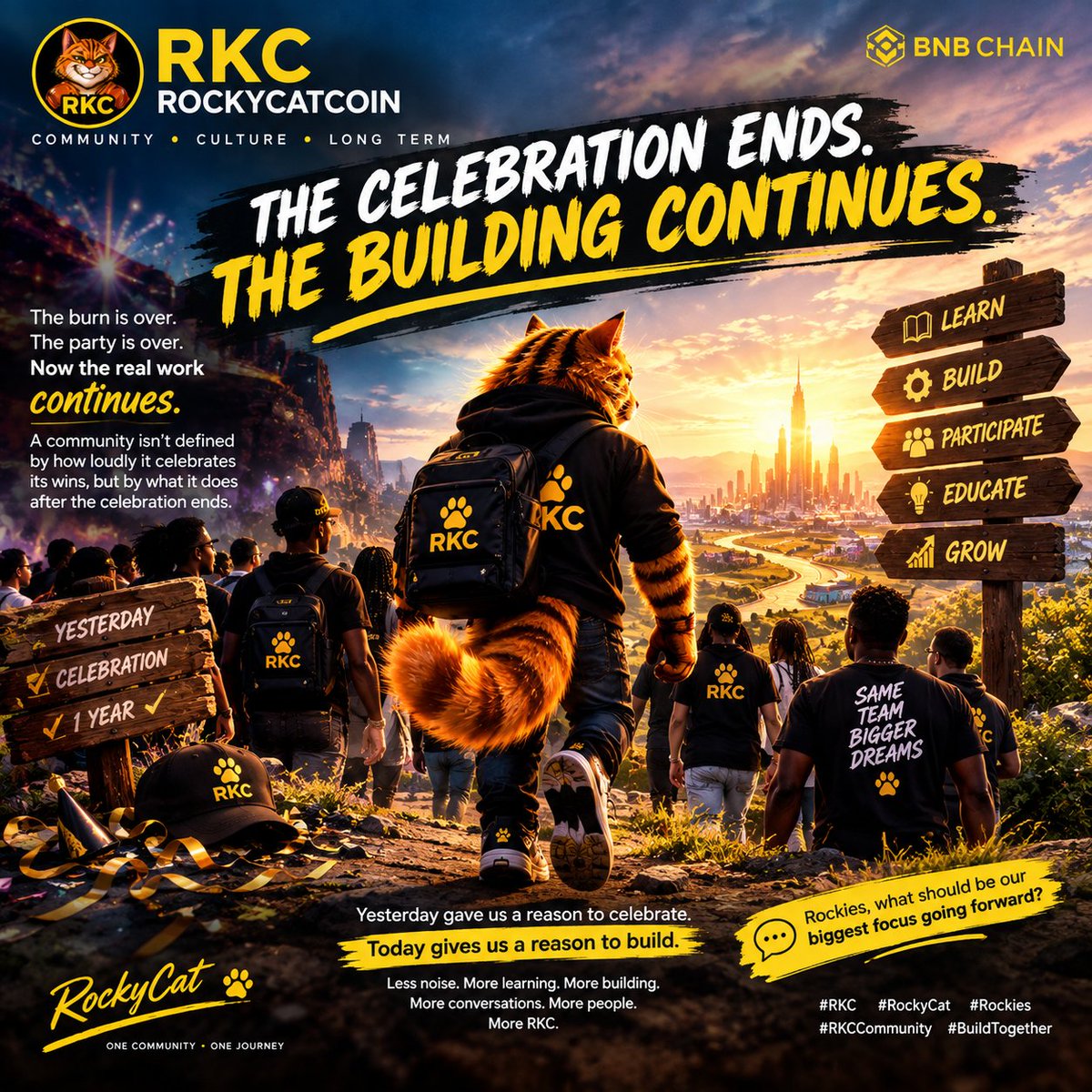Miraculousjerry's tweet photo. THE CELEBRATION IS OVER.
NOW THE REAL WORK CONTINUES.

A community isn’t defined by how loudly it celebrates its wins.
It’s defined by what it does after the celebration ends.
19th, we celebrated one year of #RockyCat.

Today, we turn the page.
Less noise.
More learning.
More building.
More conversations.
More people discovering what #RKC is about.

Chapter 2 has started.
And this time, the question isn't “How far can #RKC go?”

The better question is:
“What are WE going to build together?” 🐱🔥

Rockies, what should be our biggest focus going forward? 👇
#RKC #RockyCat #Rockies #BNBChain #CryptoCommunity #BuildTogether