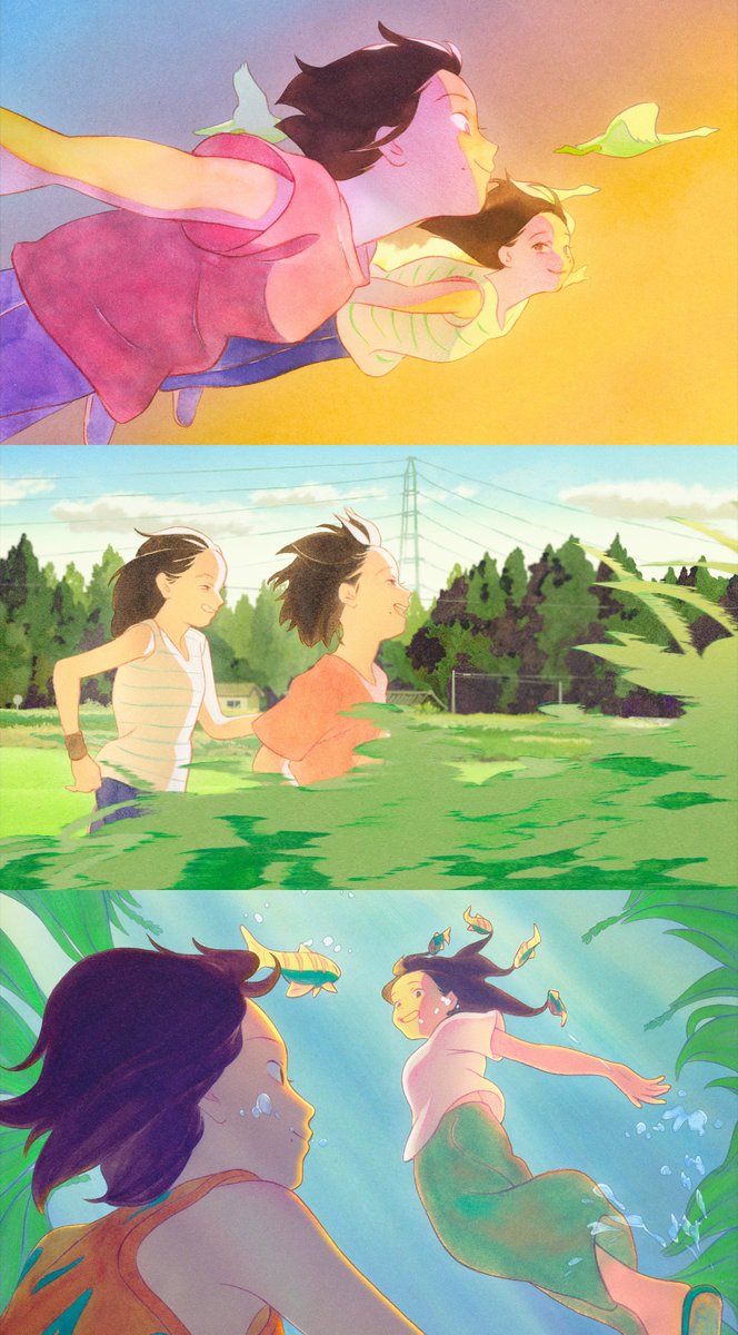 catsuka's tweet photo. From the "Look Back" rotoscoped animation sequence by Yoko Kuno (Ghost Cat Anzu) in Hirokazu Kore-eda's live-action feature film. https://t.co/kEFBFWNst5