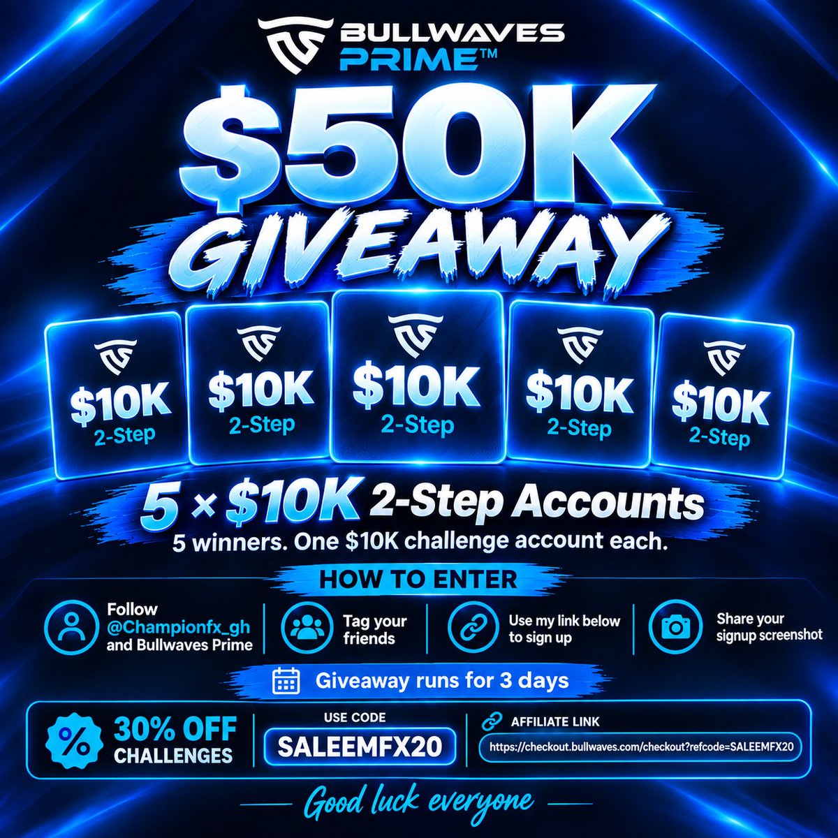 juniorSpeedouFX's tweet photo. $50K Giveaway is here 
 5X 10k account 
Follow 
@juniorSpeedouFX
@BullwavesPrime
@natewolfiey
 @Championfx_gh
Tag your friends
Use my link below to sign up
Share your signup screenshot
https://t.co/ht2vhBpoOy
You can also get 30% OFF with my code 👇
SALEEMFX20
Good luck everyone https://t.co/Fm4UIp7wn3