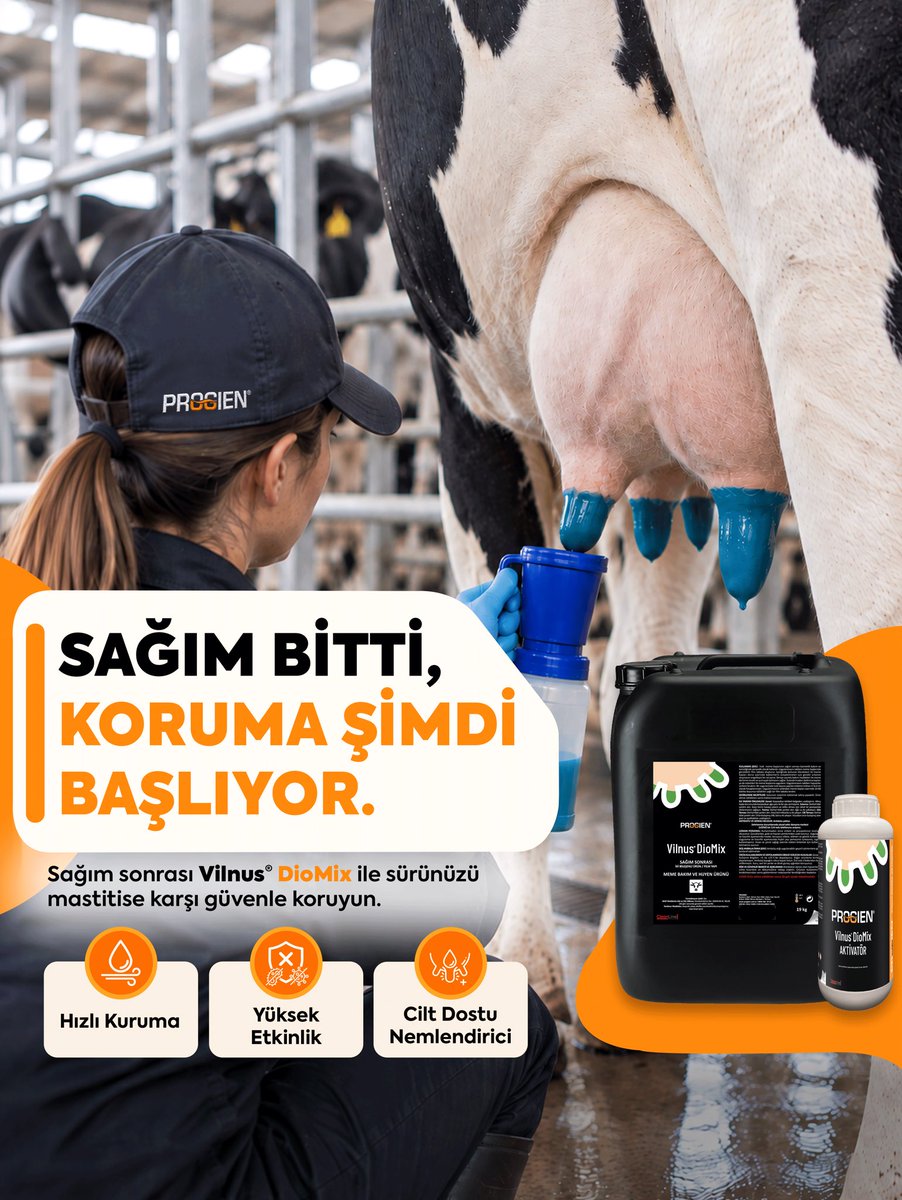 progientr's tweet photo. Sağım bitti diye işimiz bitmedi. 🐄🧡

Sağım sonrası dönem, meme hijyeninin en önemli adımlarından biri. Vilnus® DioMix, etkili hijyen ve bakım sağlayarak sürünüzün sağım sonrası korunmasına yardımcı olur. https://t.co/EEE3wfYsmC