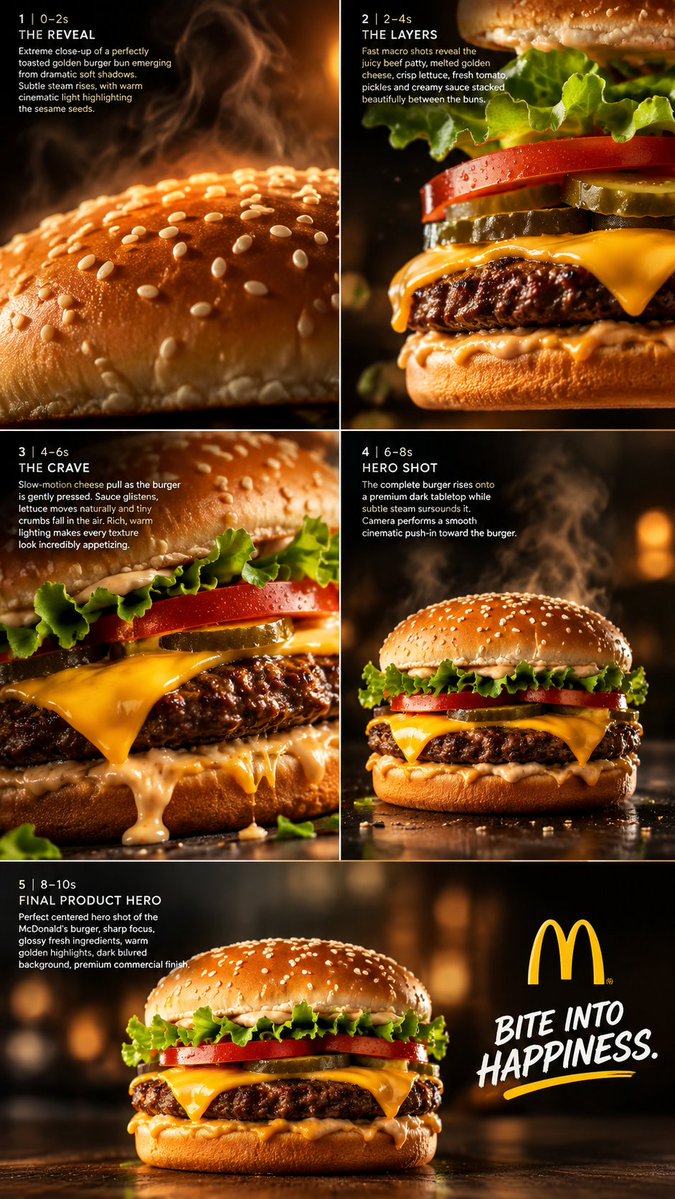 1H77k's tweet photo. PROMPT:

Create a mouth-watering 10-second cinematic commercial featuring a McDonald’s burger as the absolute hero product.

Format: Vertical 9:16, ultra-realistic, 4K, premium food advertising, cinematic lighting, shallow depth of field, macro food cinematography.

Scene 1 — 0–2s | THE REVEAL
Extreme close-up of a perfectly toasted golden burger bun emerging from dramatic soft shadows. Subtle steam rises, with warm cinematic light highlighting the sesame seeds.

Scene 2 — 2–4s | THE LAYERS
Fast macro shots reveal the juicy beef patty, melted golden cheese, crisp lettuce, fresh tomato, pickles, and creamy sauce stacked beautifully between the buns.

Scene 3 — 4–6s | THE CRAVE
Slow-motion cheese pull as the burger is gently pressed. Sauce glistens, lettuce moves naturally, and tiny crumbs fall in the air. Rich, warm lighting makes every texture look incredibly appetizing.

Scene 4 — 6–8s | HERO SHOT
The complete burger rises onto a premium dark tabletop while subtle steam surrounds it. Camera performs a smooth cinematic push-in toward the burger.

Scene 5 — 8–10s | FINAL PRODUCT HERO
Perfect centered hero shot of the McDonald’s burger, sharp focus, glossy fresh ingredients, warm golden highlights, dark blurred background, premium commercial finish.

On-screen text:
“BITE INTO HAPPINESS.”

Visual rules:
No people, no hands, no extra burgers, no distorted ingredients, no floating objects, no messy composition. Keep the burger realistic, fresh, juicy, and highly appetizing throughout.