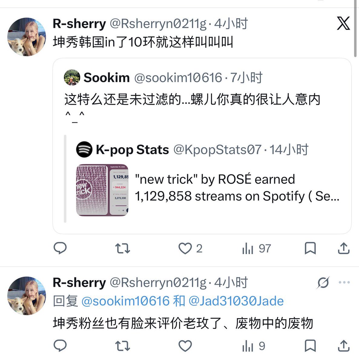 sookim10616's tweet photo. 驴粪人均巡逻犬的 你们是不是天天在x上搜老驴自虐呢 每次都这样 说完就拉黑真的很搞笑知道吗…………我驴这种kpop唯一烂泥塑骂两句咋了🥰豆瓣前一天还在说一日飞榜第二天我螺就身体力行了呀 甚至未过滤还不如老年 首小时高爆发爆了个6.9w 真的笑掉大牙了宝贝 https://t.co/QTCHY93vXT