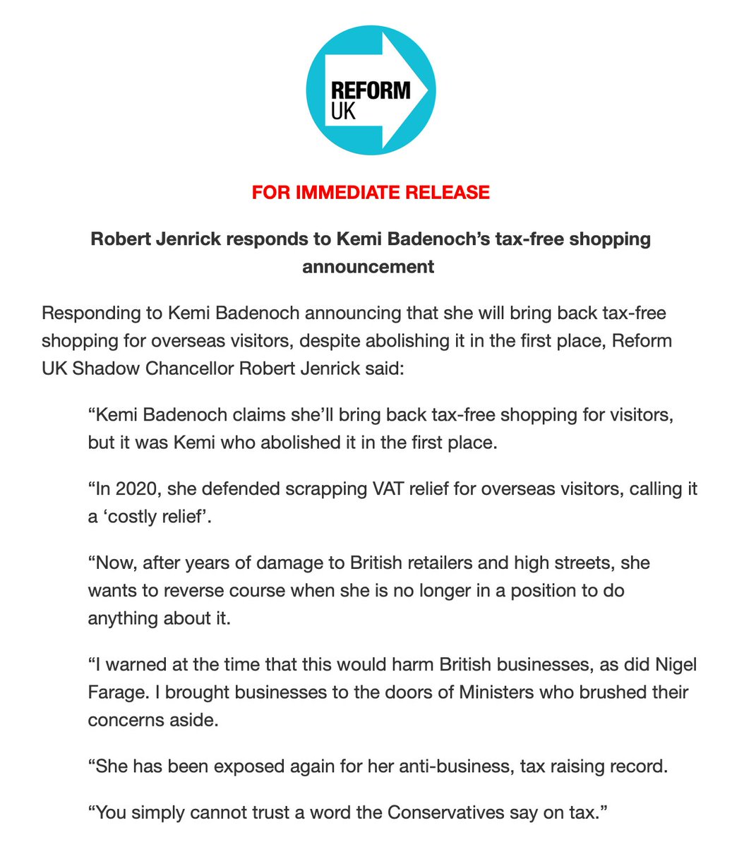 reformparty_uk's tweet photo. 🚨 STATEMENT ON KEMI BADENOCH'S HYPOCRISY. 🚨 https://t.co/P2oWs0KcxX