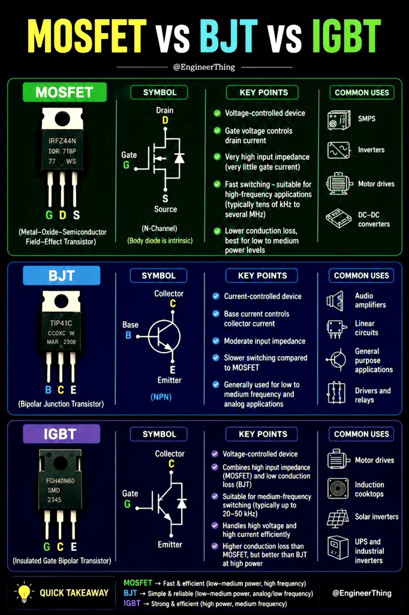EngineerThing's tweet photo. MOSFET vs BJT vs IGBT https://t.co/0p3LW76nCI