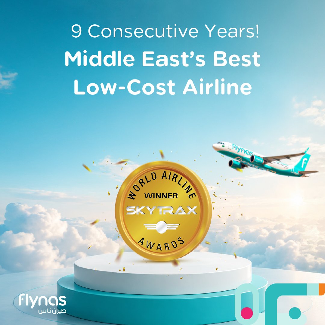 flynas's tweet photo. For the ninth consecutive year .. #flynas is named Best Low-Cost Airline in the Middle East for 2026, according to #Skytrax. The airline also advanced in the global rankings, further strengthening its position among the world’s top 10 low-cost airlines. 🇸🇦🥇 https://t.co/W77RYZfOdp