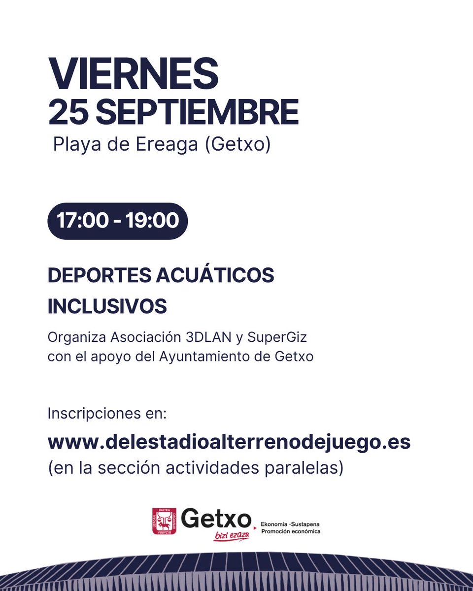 congresoT4H's tweet photo. Deportes acuáticos inclusivos. 
@3dlan_org organiza con #supergiz y el apoyo de @getxolan una tarde de deportes de mar con Fangaloka.

📅 Viernes 25 sept | 17:00-19:00 
📍 Playa Ereaga, Getxo.  
Descubre e inscríbete a las actividades paralelas en   
🔗 https://t.co/hT0fEeo0yf https://t.co/P2XAHZHhTq