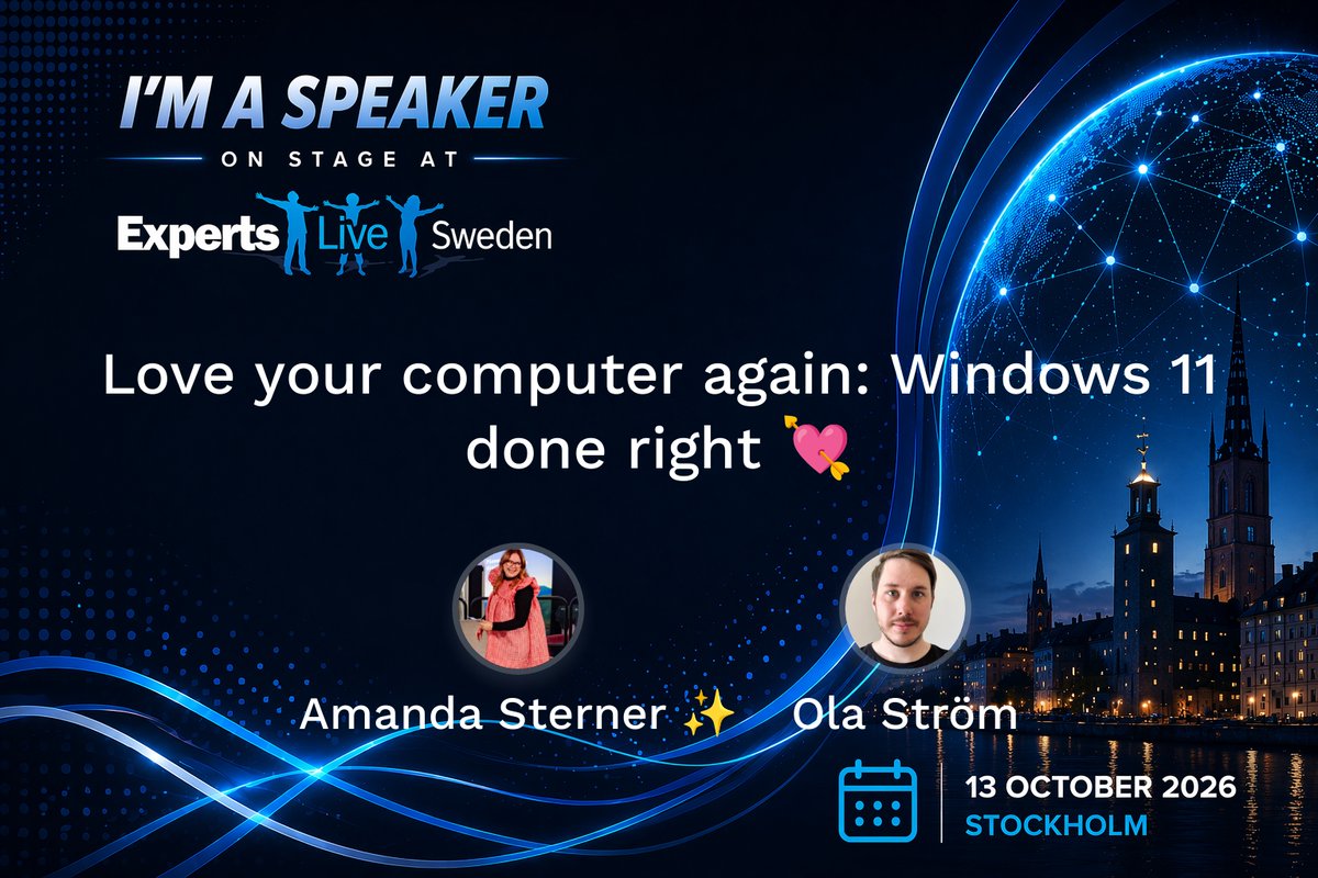 ExpertsLiveSE's tweet photo. Fall in love with Windows 11 igen! 💘
💡 “Love your computer again: Windows 11 done right”
Amanda Sterner och Ola Ström visar hur du får datorn att kännas som ny – med smarta tips, design och funktioner som verkligen fungerar.

📅 13 oktober 2026
📍 Stockholm
🔗 https://t.co/R52F73ATo6

#ELSE26 #ExpertsLive #ExpertsLiveSweden