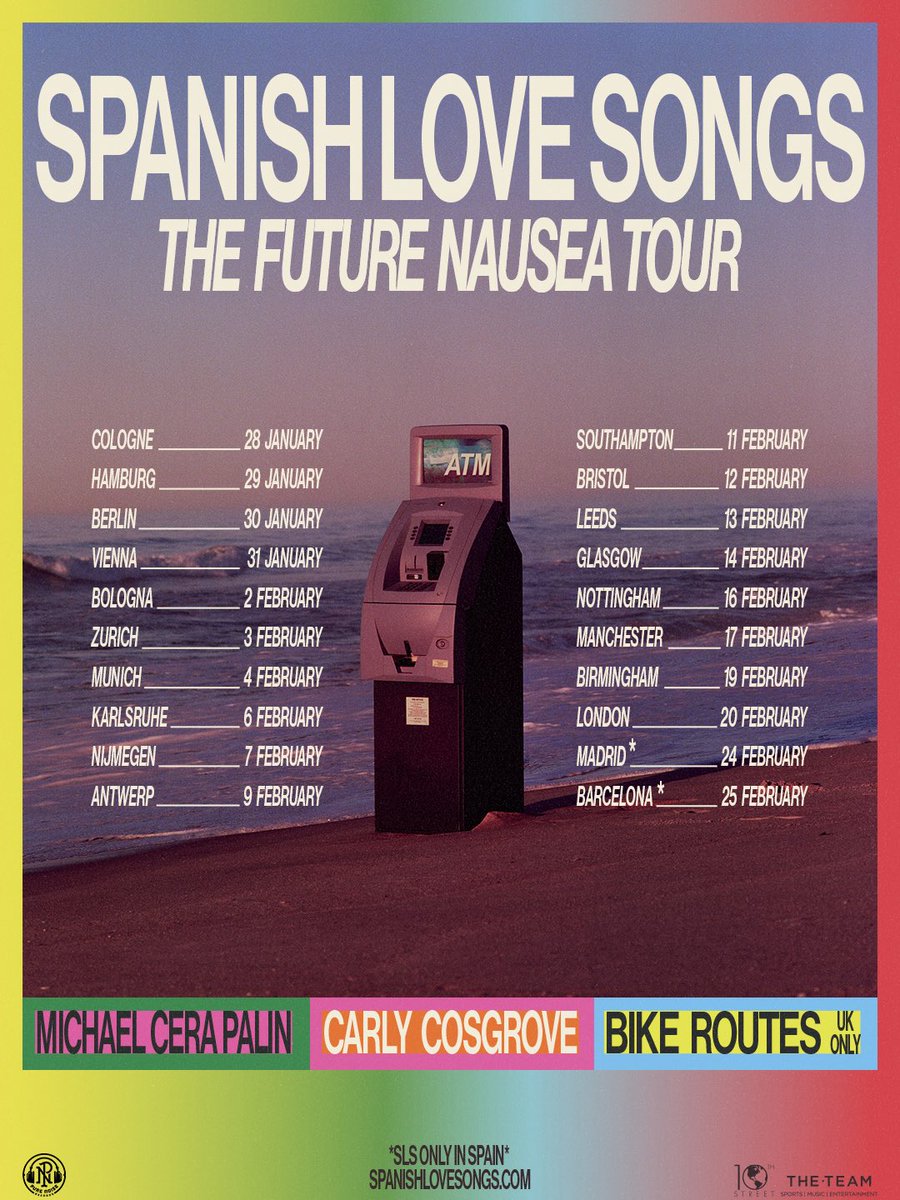 SpanishLuvSongs's tweet photo. THE FUTURE NAUSEA TOUR — we’re coming back to the UK and EU after a year away, joined by the heavy hitters Michael Cera Palin, Carly Cosgrove, &amp; Bike Routes for a month of shows you won’t want to miss.

Tickets on sale Friday 25 Sept at 10:00 local time. https://t.co/Fd5V7VofCt