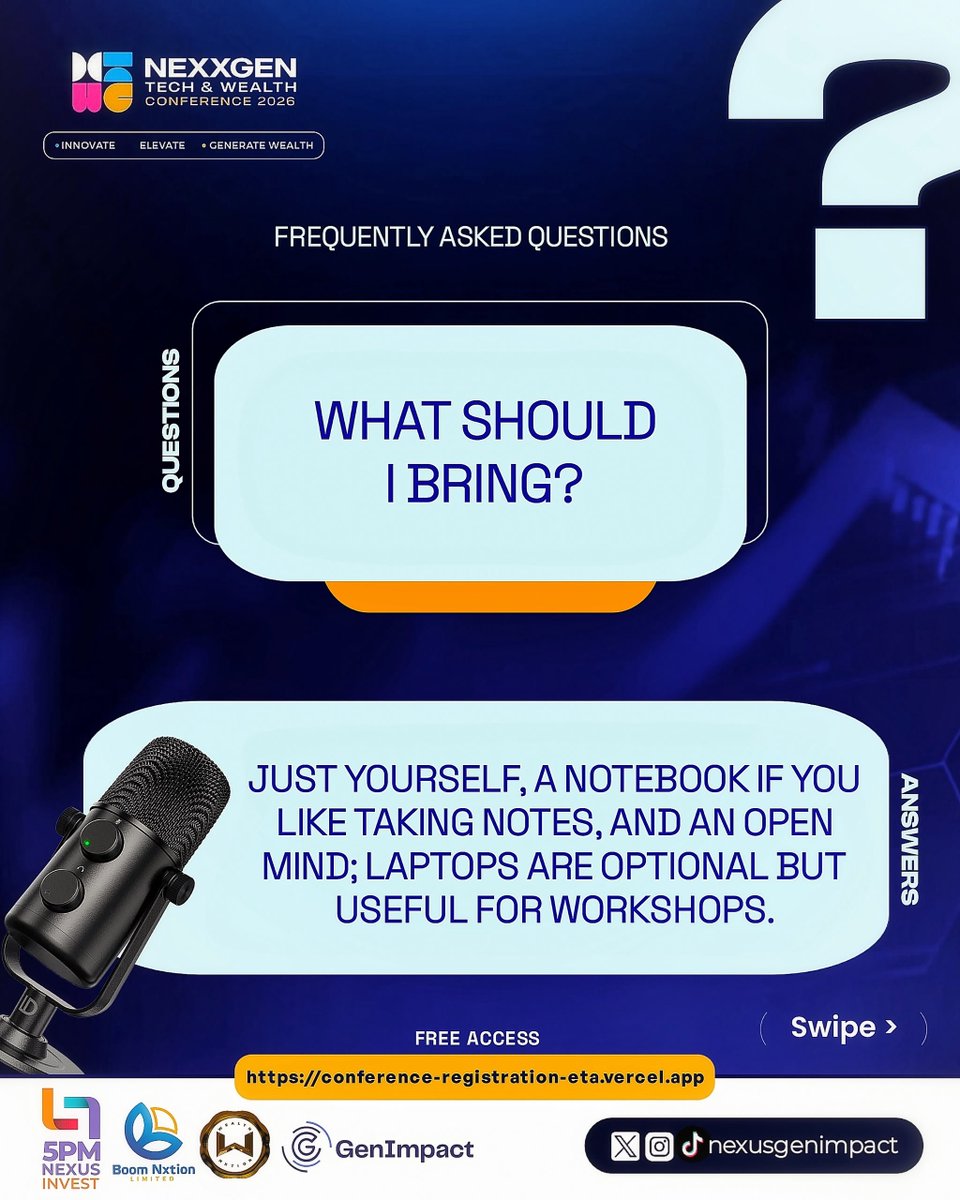 NexusGenImpact's tweet photo. Got questions about NexxGen 2026? 

We’ve got answers. 🎙️❓

Swipe through for everything you need to know, what to bring, refreshments, dress code, and more.

Drop them in the comments, we read everything. 👇

Registration link in bio.

#nexxgenconference2026 #techandwealth2026 https://t.co/i6XANy8Wzj