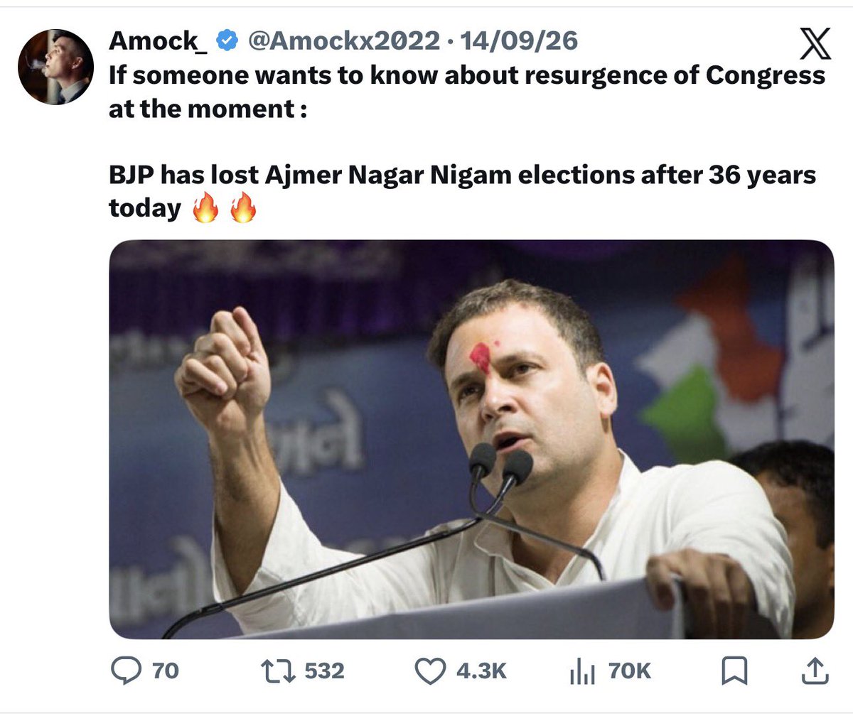LalaXd's tweet photo. If someone wants to know about downfall of Congress at the moment

BJP has won mayor post in Ajmer. 🤣 https://t.co/z2iG6R2bsj