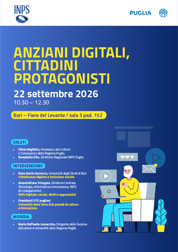 INPS_it's tweet photo. 📅Dal 19 al 27 settembre 2026 saremo presenti alla Fiera del Levante di Bari.
📌Il 22 settembre dalle 10.30 l’evento "Anziani digitali, cittadini protagonisti"
Inps Comunica https://t.co/69xtIcj6cs