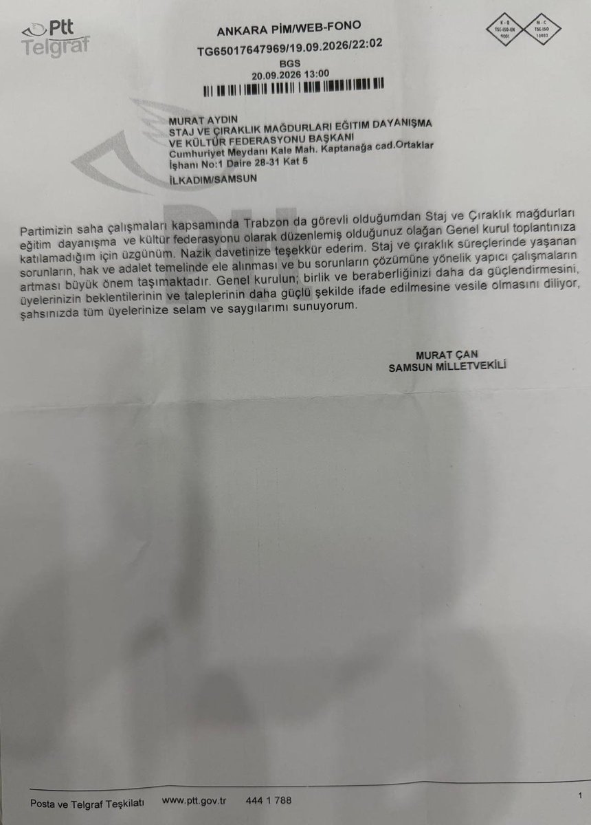 CirakStajFED's tweet photo. Sayın Murat Can Vekilimize Teşekkürlerimizle…

@yenipartiyiz
@dr_muratcan
@eczozgurozel

Staj ve çıraklık süreçlerinde yaşanan mağduriyetlerin; hak, adalet ve sosyal güvenlik temelinde çözüme kavuşturulması yönündeki mücadelesine verdiği değeri ifade eden nazik telgrafı için Samsun Yeni Parti Milletvekilimiz Sayın Murat Can’a teşekkür ediyoruz.

Genel Kurulumuz vesilesiyle bizlere ilettiği güzel dilekleri ve desteği, mücadelemiz adına kıymetli buluyoruz.

Bizim mücadelemiz dünün mağduriyetini gidermek, bugün çalışan gençlerimizin haklarını korumak ve gelecekte yeni mağduriyetlerin yaşanmasının önüne geçmektir.

Desteğiniz ve duyarlılığınız için teşekkür ediyor, TBMM’de sesimiz olmanızı ve çözüm için yanımızda durmanızı temenni ediyoruz.

Staj ve Çıraklık Sigortası Mağdurları Federasyonu

Sözümüz Söz 
#StajyerçırakAffetmeyecek