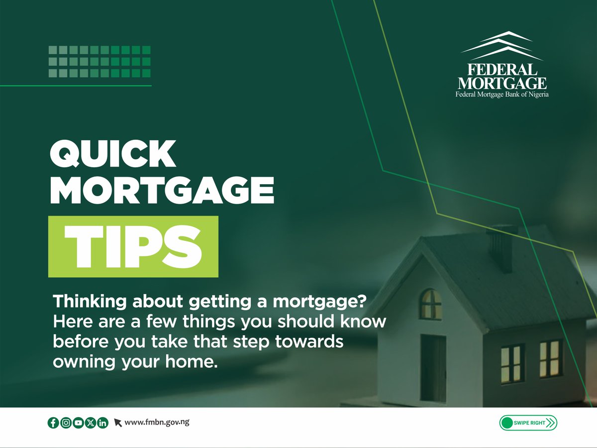 fmbnnigeria's tweet photo. Arming yourself with the right information is key to a successful mortgage application. That is why we have put together this 3-minute post to provide you with the right tips to begin your mortgage journey towards homeownership.
#AffordableHomes #MortgageRefinancing #LowInterest https://t.co/3xaGTTlyw6