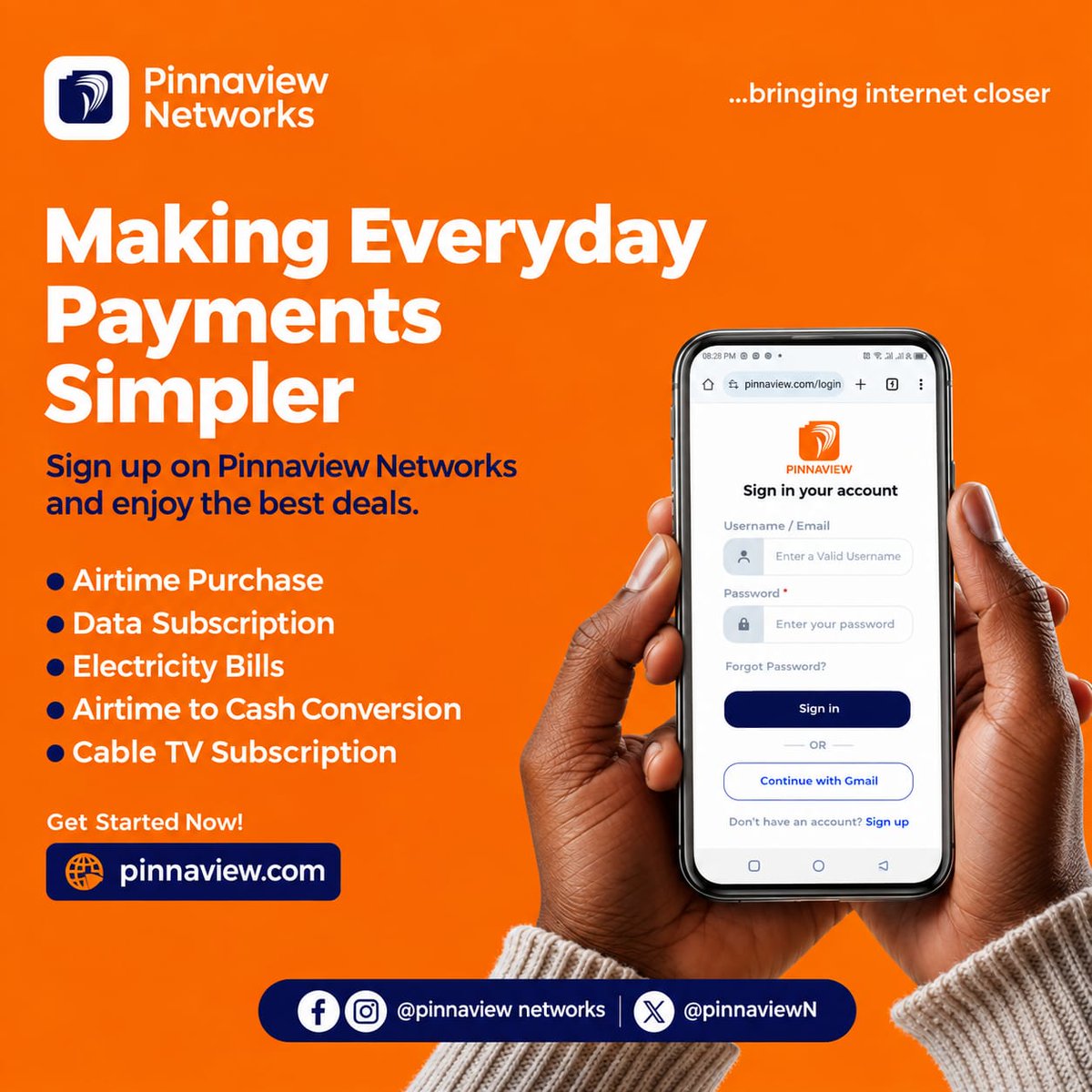 PinnaviewN's tweet photo. Making Everyday Payments Simpler.
Enjoy the best deals on all your everyday payments: Data, Airtime, Cable TV, Electricity and more.
Visit: https://t.co/c7xz3fKW9N
#Pinnaview
#BuyCheapData
#BuyAirtime
#AirtimetoCash
#CableTv
#Electricity https://t.co/Dw3YRgKU1A