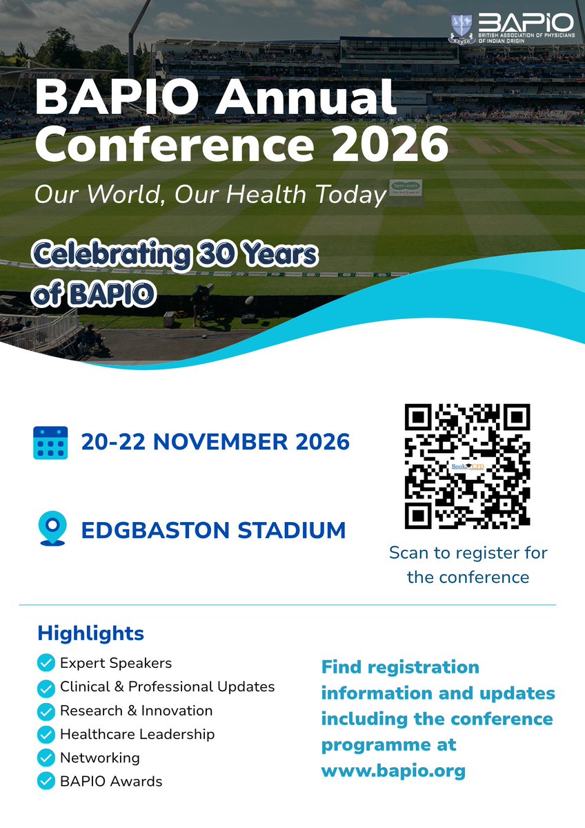 BAPIOUK's tweet photo. 🚨REGISTER NOW🚨
🌟 BAPIO Annual Conference 2026 brings the whole healthcare world together, from NHS leaders to the GMC and Royal Colleges.

📅 20–22 November 2026
📍 Edgbaston Stadium, Birmingham
🔗 Register now: https://t.co/cNuhhBFo4e

#BAPIOConference2026 https://t.co/a85kLGrkfO