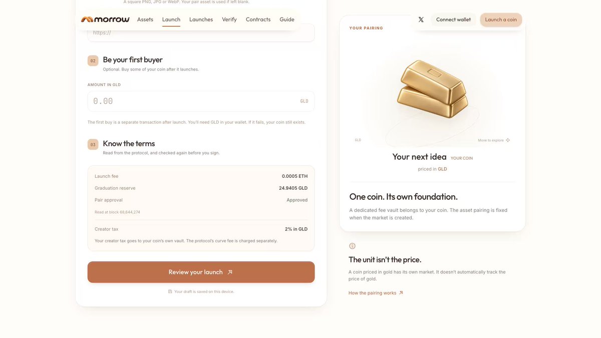 Morrowspace's tweet photo. We give every coin on Morrow its own creator vault.

The 2% creator tax is collected in the pair asset. Claim moves available fees into the vault; Withdraw sends them to its owner. The protocol's curve fee is separate. https://t.co/geNnPpjq1G