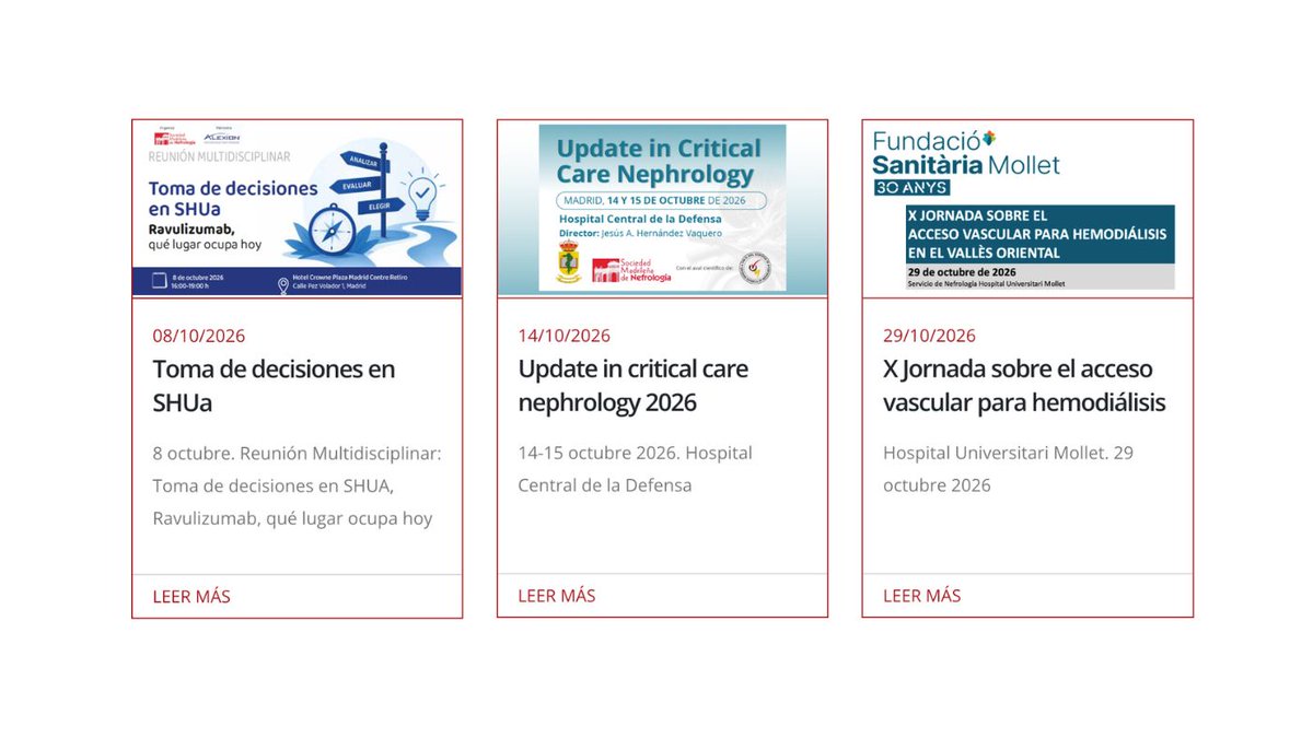 SOMANEorg's tweet photo. Para octubre tenemos eventos muy interesantes 🏥
Toma de decisiones en SHUa 🩺
🗓️ 8 de Octubre
Update in critical care Nephrology 2026 🩺
🗓️ 14 de Octubre
X Jornada de acceso vascular para hemodiálisis 🩺
🗓️ 29 de octubre

#SOMANE #Nefrología
https://t.co/zuBDxtgsAP https://t.co/0dCmBIXBbI
