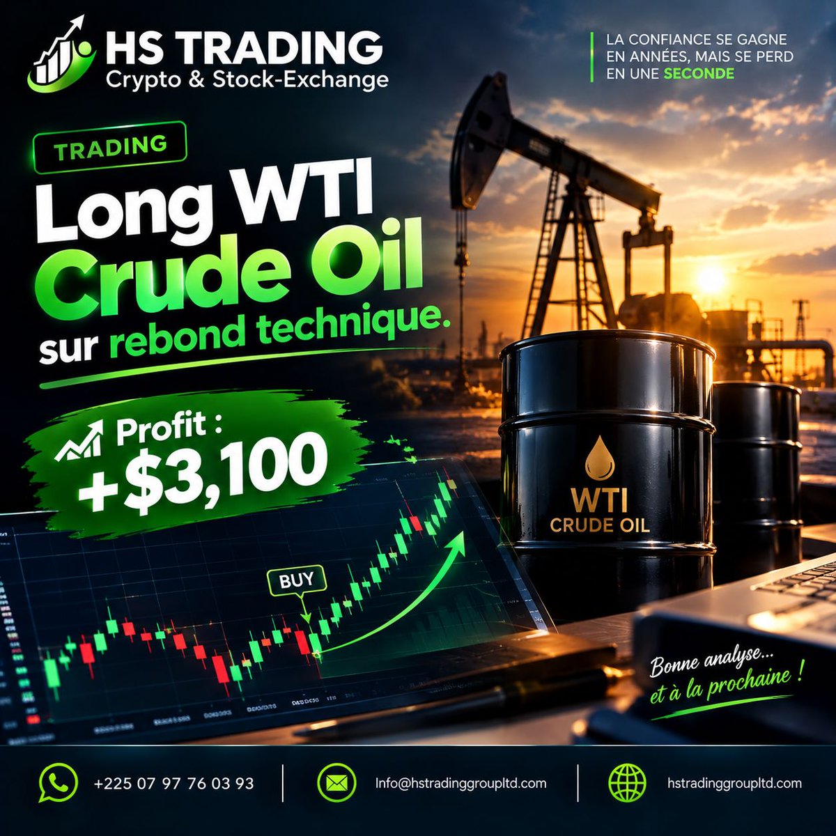 SebastienNHien1's tweet photo. Trade réel Long WTI Crude Oil sur rebond technique : profit net de +3 100$ !

 La preuve que méthode et lecture technique font la différence, même sur les matières premières. 

Commentez "INTÉRESSÉ" pour en savoir plus. 

#HSTradingGroup #WTI #TradeReel #AnalyseTechnique https://t.co/C88rHiBIYq