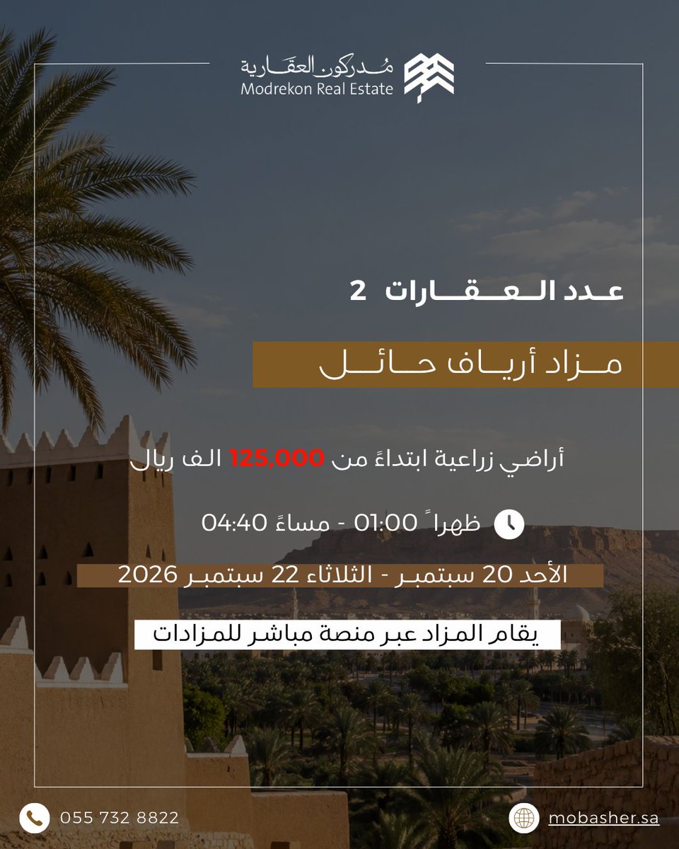 modrekonauction's tweet photo. ⏳ الوقت يقترب من النهاية!

فرصتك ما زالت متاحة في مزاد أرياف حائل لتملّك أراضٍ زراعية بأسعار افتتاحية تبدأ من 125,000 ريال.

📅 ينتهي المزاد غدًا الثلاثاء 22 سبتمبر 2026
⏰ الإغلاق عند 4:40 مساءً

لا تفوّت الفرصة، بادر بالمشاركة والمزايدة عبر منصة مباشر للمزادات 👇

https://t.co/cqygRaucSf

#مدركون_العقارية #مزاد_أرياف_حائل #عقار #مزاد #حائل
