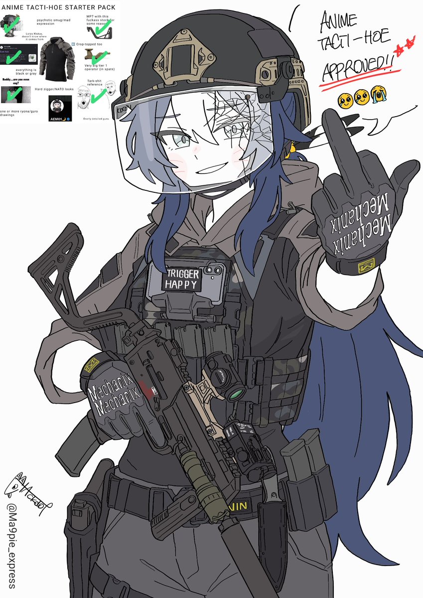 Ma9pie_express's tweet photo. Smug face ✅
Goofy ass stock✅️
Shot to shit visor ✅️
That silly hoodie ✅
Overly detailed gun ✅️
Dumb fuck mount✅️

​Checked all the boxes for you🫵😘

#tactihoe #OCㅤㅤ https://t.co/gwCjYSci5r