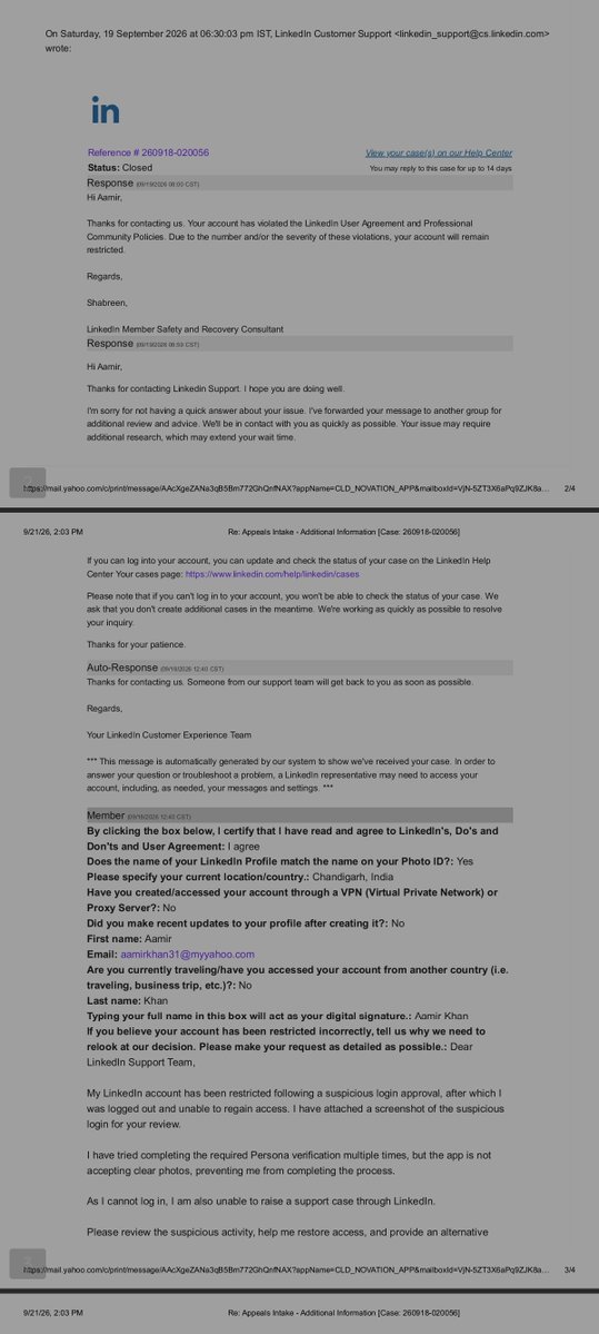 zaid_khan0997's tweet photo. Hey @LinkedInHelp @LinkedIn, my friend Aamir Khan’s account was permanently restricted right after an unauthorized login from Karachi, Pakistan (Case: 260918-020056). Support closed the appeal without a proper manual review. As a recruiter, his livelihood depends on this. Help ! https://t.co/pJTBqxS6tA