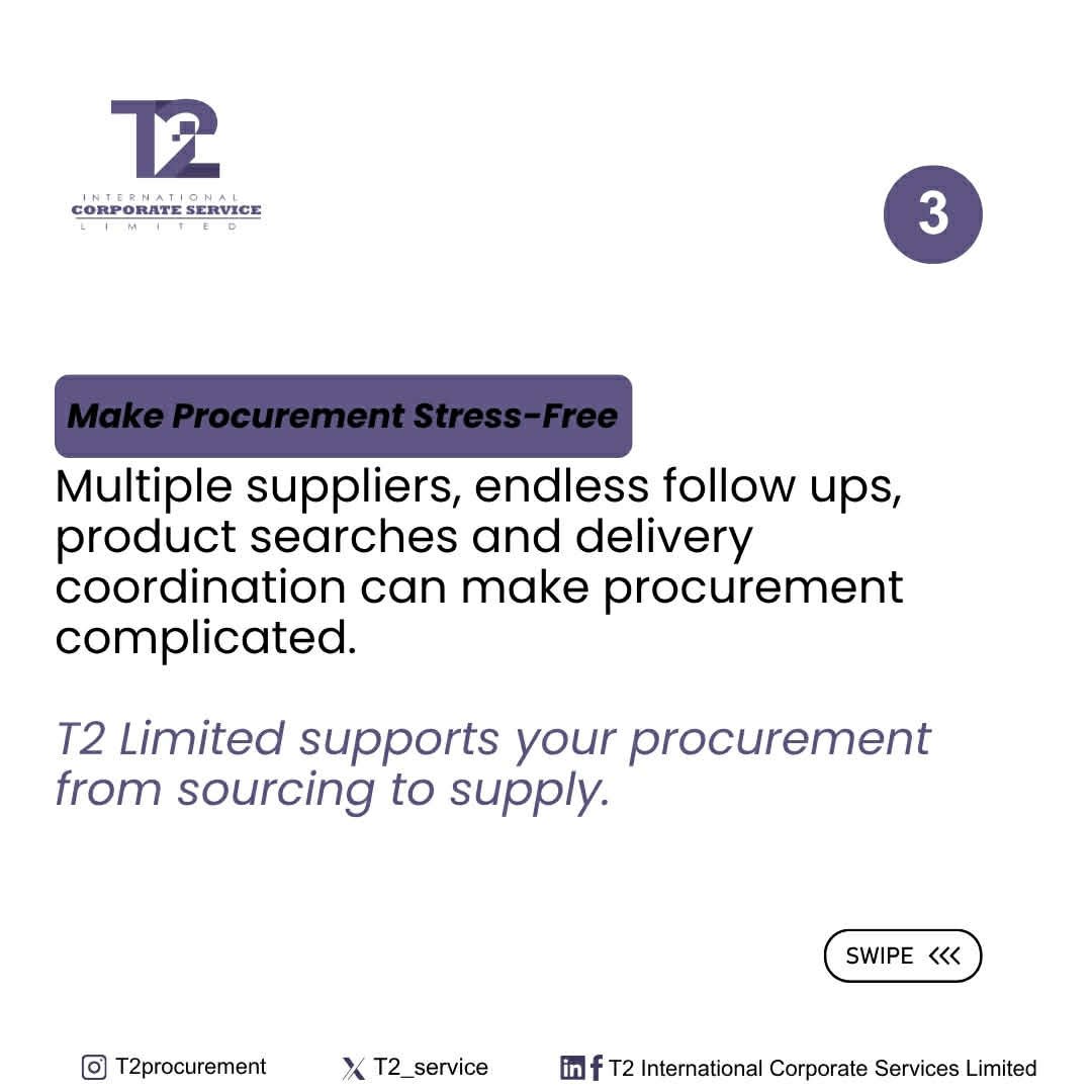 T2_service's tweet photo. The fact that you can focus on the things that truly matter and leave procurement behind is so refreshing. Take off the stress and let T2 Limited handle all the heavy lifting for your company!
​#T2Limited #ProcurementServices #BusinessEfficiency #SupplyChainManagement https://t.co/18YcZTCZs6
