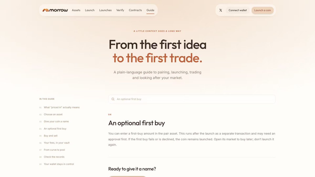 Morrowspace's tweet photo. Your first buy is optional on Morrow.

We separate it from the launch transaction. If you skip or decline that buy, your coin is still created once the launch confirms. You can return to its market later without launching it again. https://t.co/EwcSDlyd5S