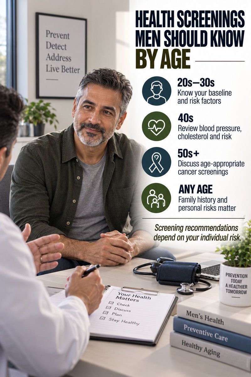 Maxenwelll's tweet photo. Preventive health checks can change with age, risk factors and family history. Learn the key areas men should discuss with a healthcare professional. Save this pin for later. #menshealthchecks #preventivehealth #healthscreening #menover40 #menover50 #preventivecare https://t.co/dqNQPhRlaN