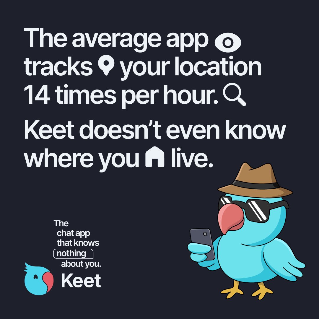 keet_io's tweet photo. Your phone shouldn't feel like an ankle monitor. 🕵️‍♂️

Most chat apps log where you are dozens of times a day. Keet works differently. We don't store your data, and we couldn't track your location even if we tried. 

Switch to https://t.co/hLsoMP0Ug1 - the app that knows nothing about you.
