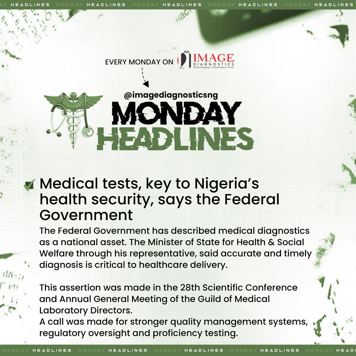 imagediagng's tweet photo. 🚨 MONDAY HEADLINE: Medical tests, key to Nigeria’s health security, says the FG
Preserving citizens is preserving the nation!
Check your health today!
Early detection saves lives!
#healthnews
#diagnosis
#fyp
#viralpost
#imagediagnosticsng https://t.co/qMTrgRXDna