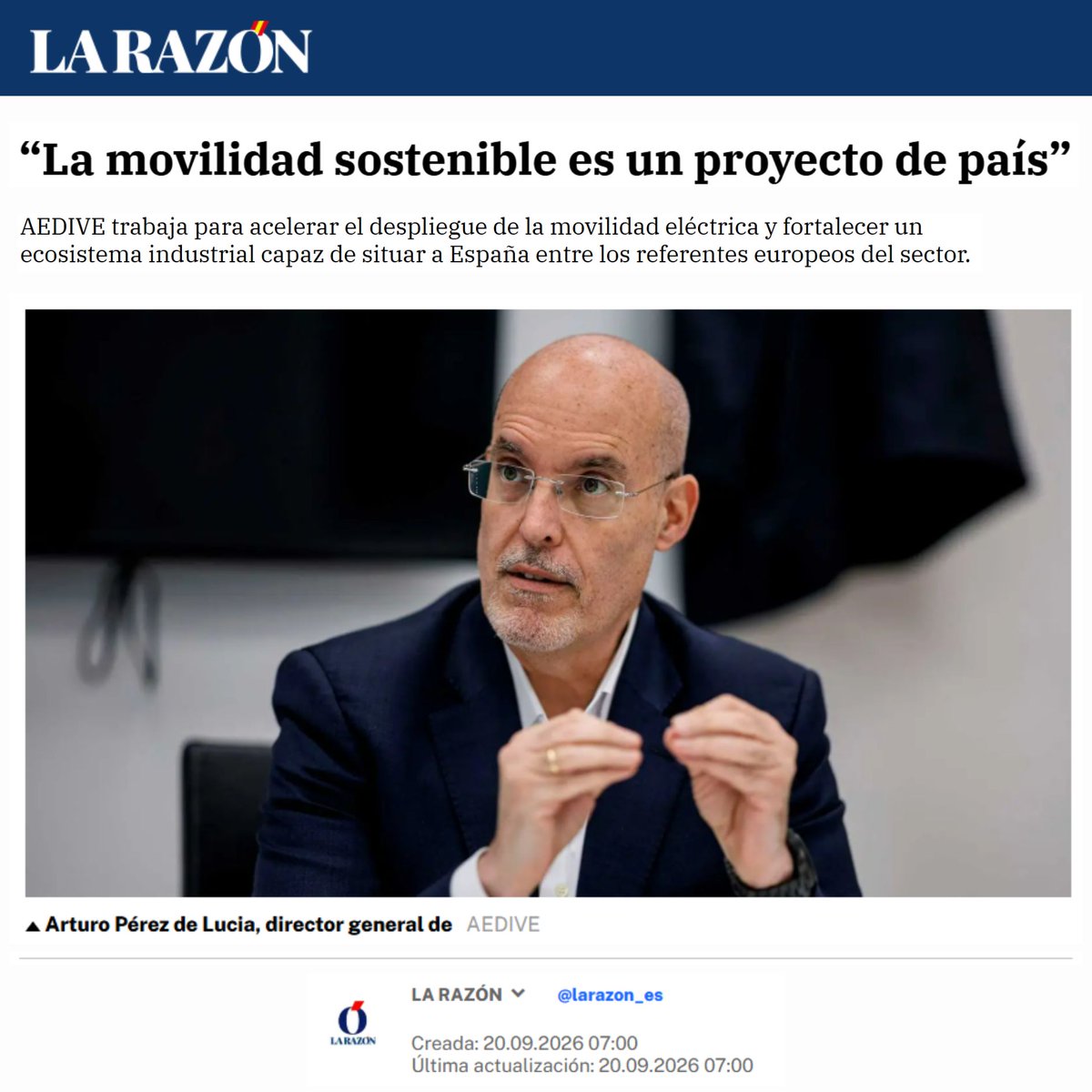 AEDIVE's tweet photo. 🚗⚡ «La movilidad sostenible no es una imposición ligada a corrientes políticas, sino un proyecto de país».
Arturo Pérez de Lucia, director general de #AEDIVE, analiza en @larazon_es los retos y oportunidades de España ante la #MovilidadEléctrica 🇪🇸
🔗 https://t.co/vLBZIxV7ze https://t.co/gQZSx4b2Qq