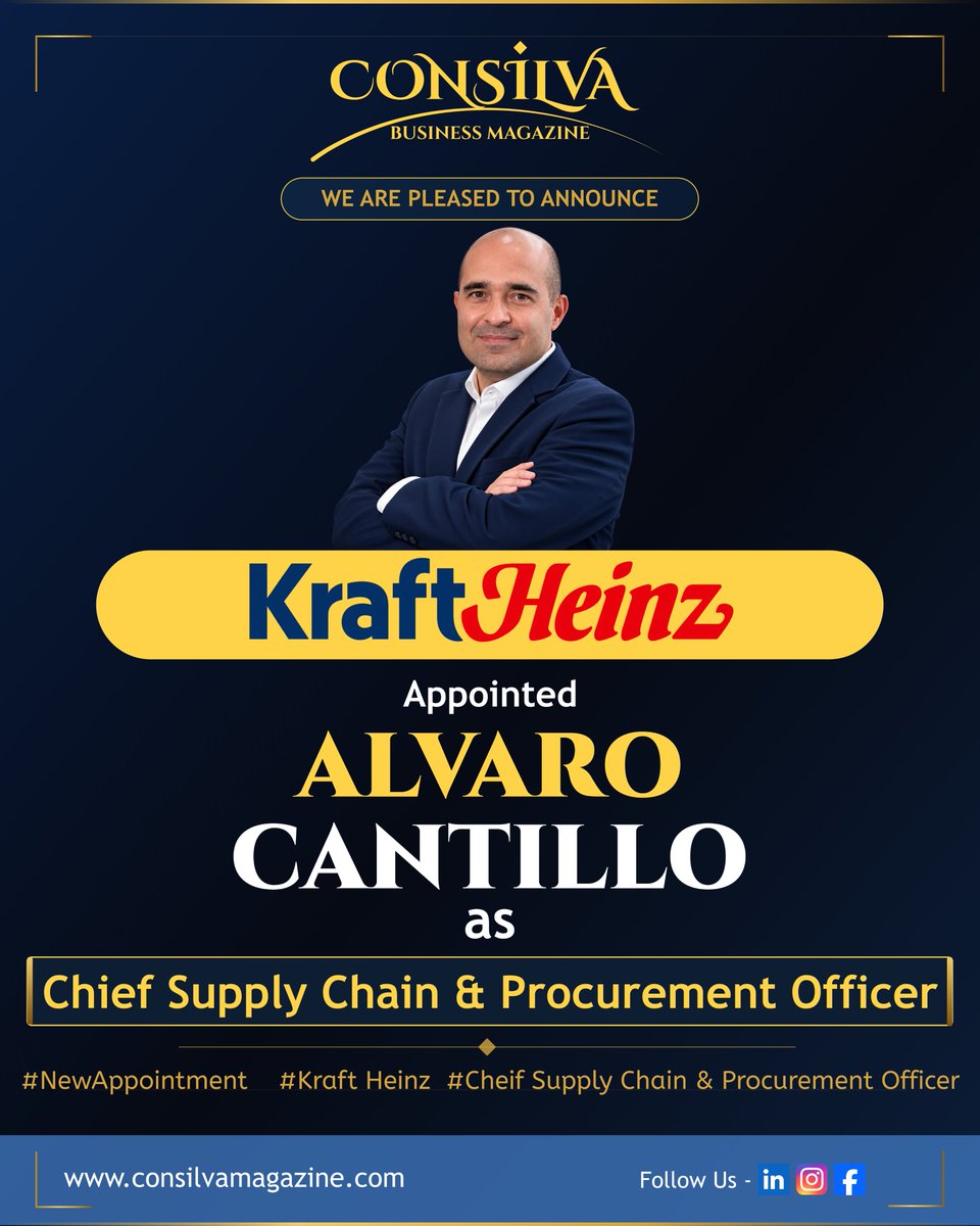 consilva_'s tweet photo. Alvaro Cantillo has been appointed Chief Supply Chain &amp; Procurement Officer at Kraft Heinz 

@KraftHeinzCo 

Read details: 
https://t.co/5VNPDN7zSV#AlvaroCantillo #KraftHeinz #Leadership #ConsilvaMagazine #SupplyChain https://t.co/qQ7spkgpa1
