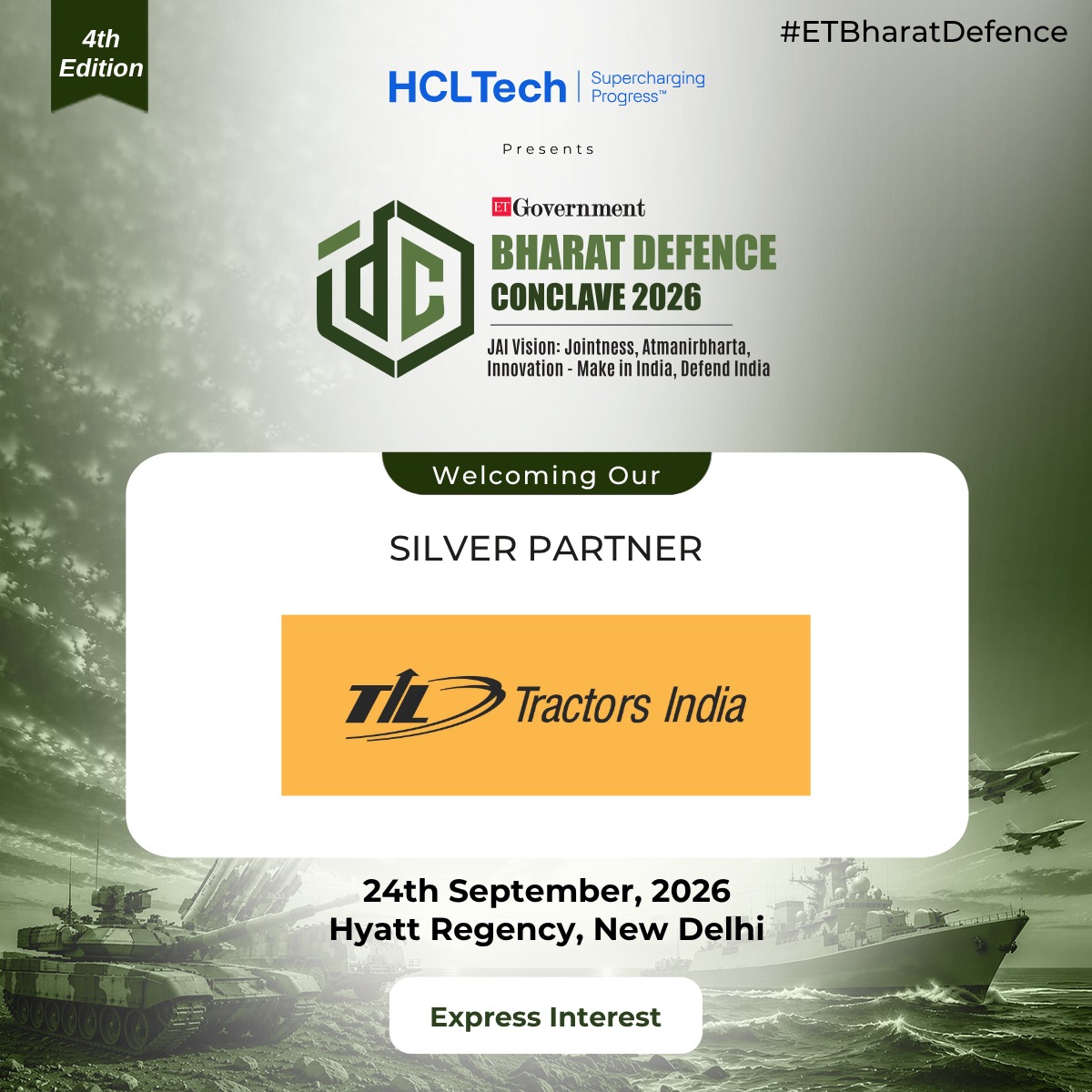 ET_Government's tweet photo. We are pleased to welcome TIL Limited (formerly Tractors India Limited) as the Silver Partner for the 4th Edition of ETGovernment Bharat Defence Conclave 2026, presented by HCLTech.
Express Interest: https://t.co/2de4RQCZ4E
#ETBharatDefence #ETGovernment #BharatDefenceConclave https://t.co/4DLY3r8USI